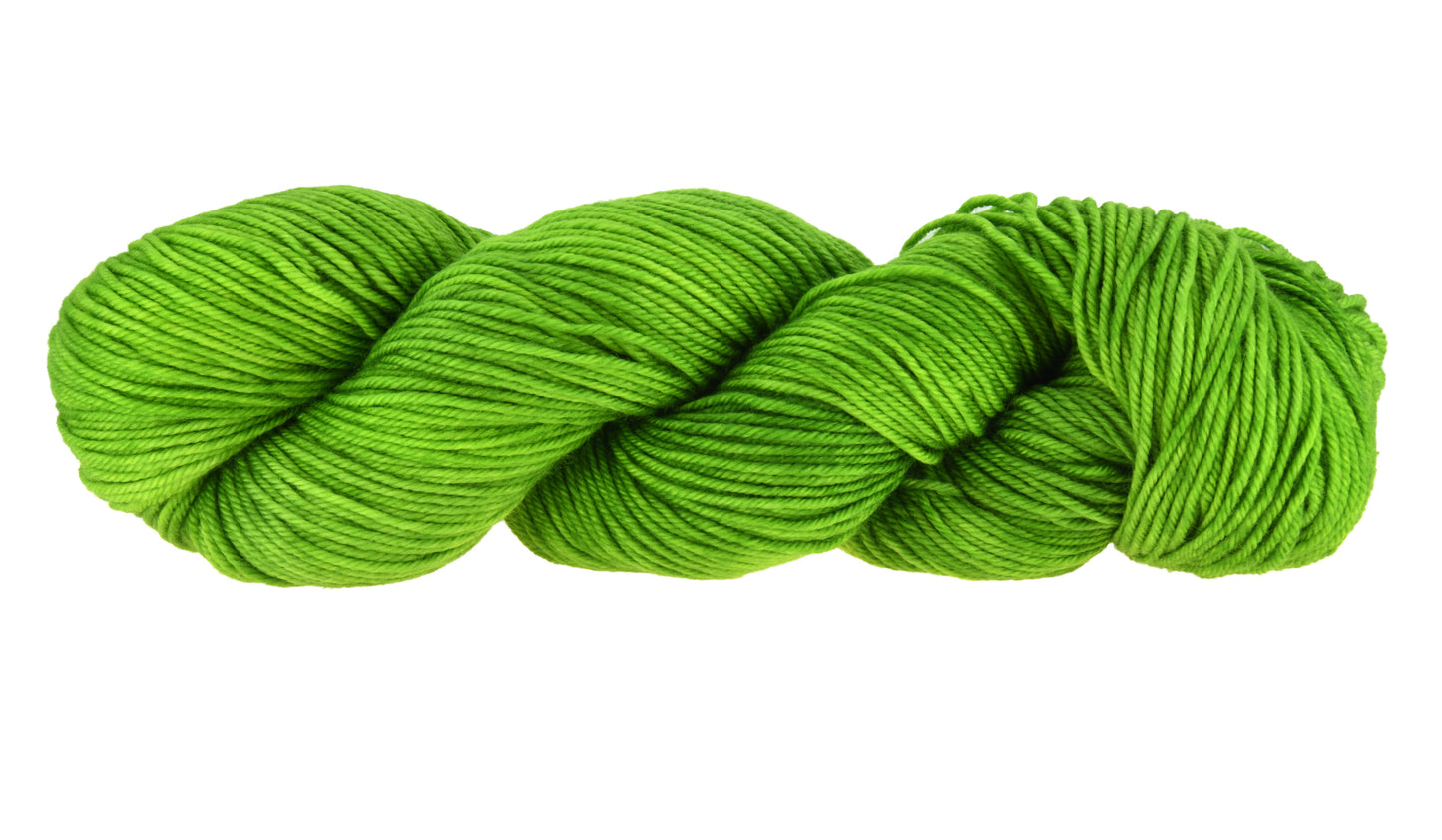 A twisted skein of Barn Yarn hand-dyed DK weight yarn in colorway Envy - a vibrant avocado green shade, perfect for bold knitting and crochet projects.