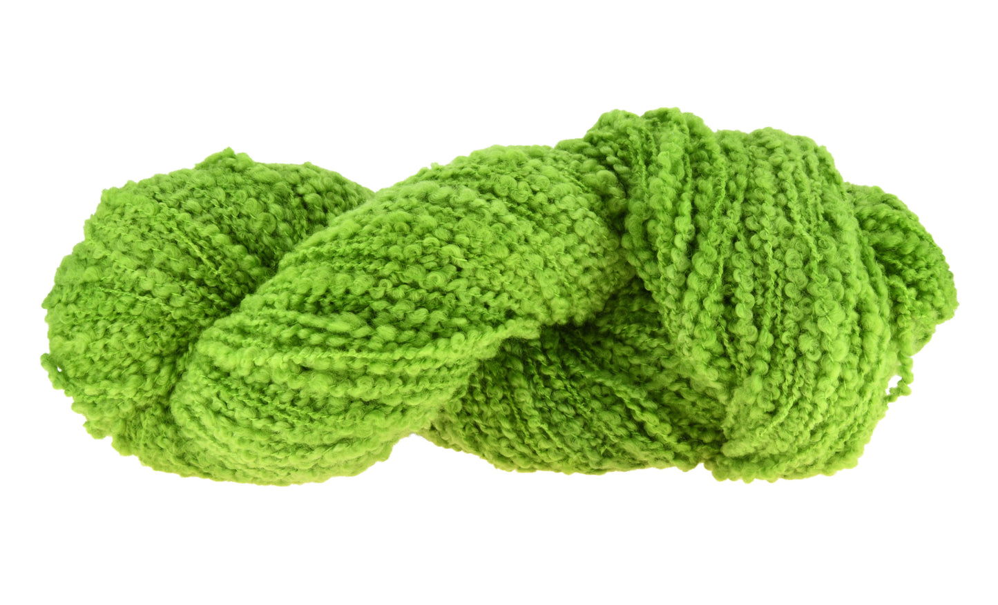 A twisted skein of Barn Yarn hand-dyed boucle DK weight yarn in colorway Envy - a vibrant avocado green shade, perfect for bold knitting and crochet projects.