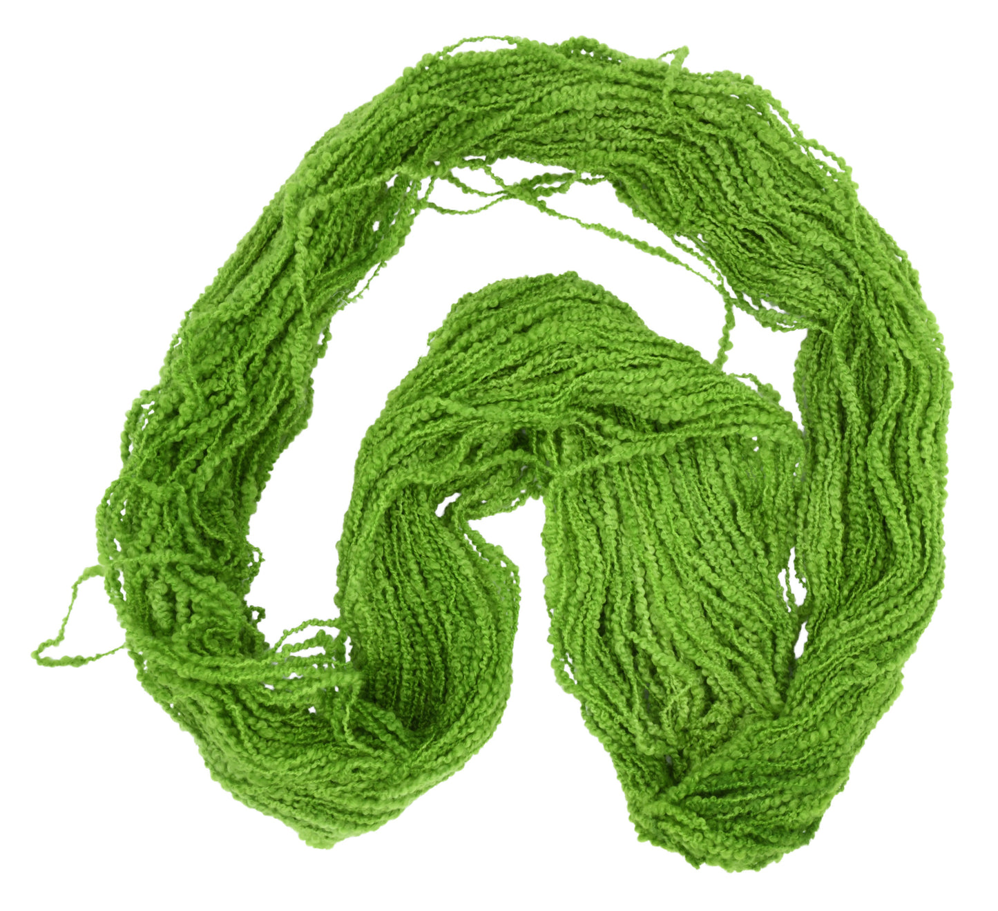 An unfolded skein of Barn Yarn hand-dyed boucle DK weight yarn in colorway Envy - a vibrant avocado green shade, perfect for bold knitting and crochet projects.