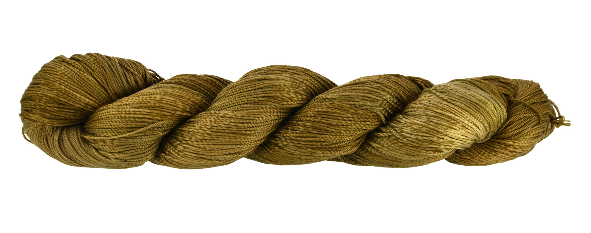 A twisted hank of Barn Yarn hand-dyed 100% Cupro cotton fingering yarn in colorway Worn Brown Leather yarn — a rustic brown tone, with visible 4-ply structure and a soft, drapey feel.
