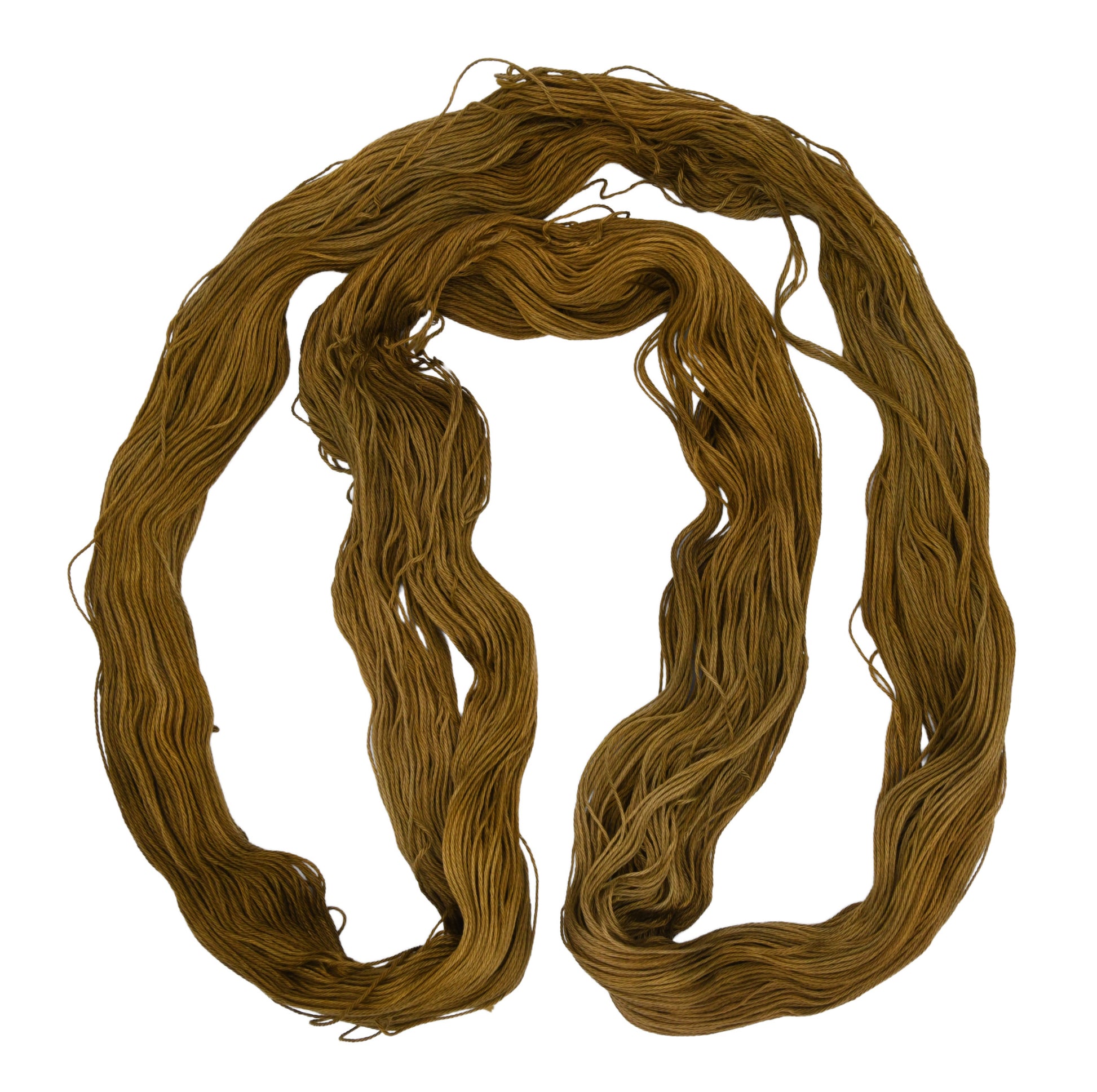 Unfolded skein of Barn Yarn hand-dyed 100% Cupro cotton fingering yarn in colorway Worn Brown Leather yarn — a rustic brown tone, with visible 4-ply structure and a soft, drapey feel.