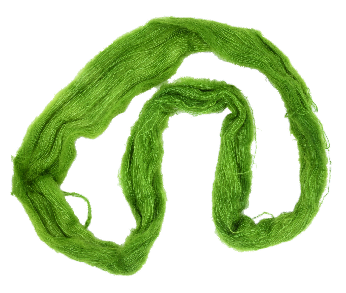 An unfolded skein of Barn Yarn hand-dyed mohair yarn in colorway Envy - a vibrant avocado green shade, perfect for bold knitting and crochet projects.