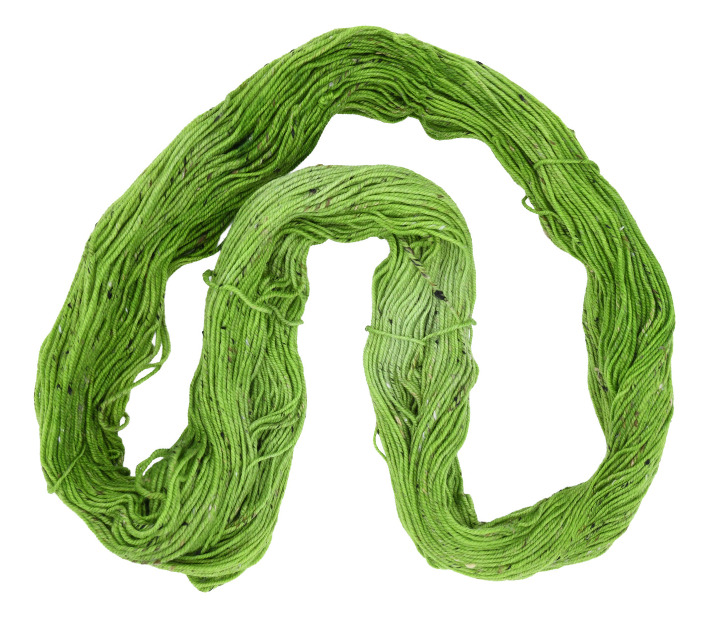 An unfolded skein of Barn Yarn hand-dyed tweed DK weight yarn in colorway Envy - a vibrant avocado green shade, perfect for bold knitting and crochet projects.