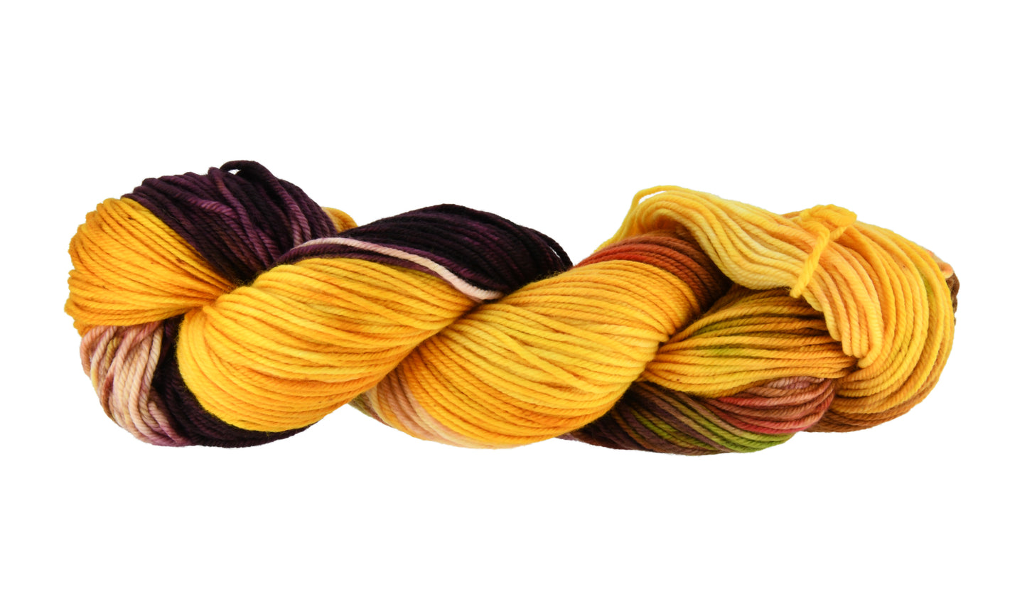 A twisted skein of Barn Yarn hand-dyed DK weight yarn in colorway Fallen Leaves featuring warm autumn tones of brown, gold, red, and green, perfect for cozy knitting and crochet projects.