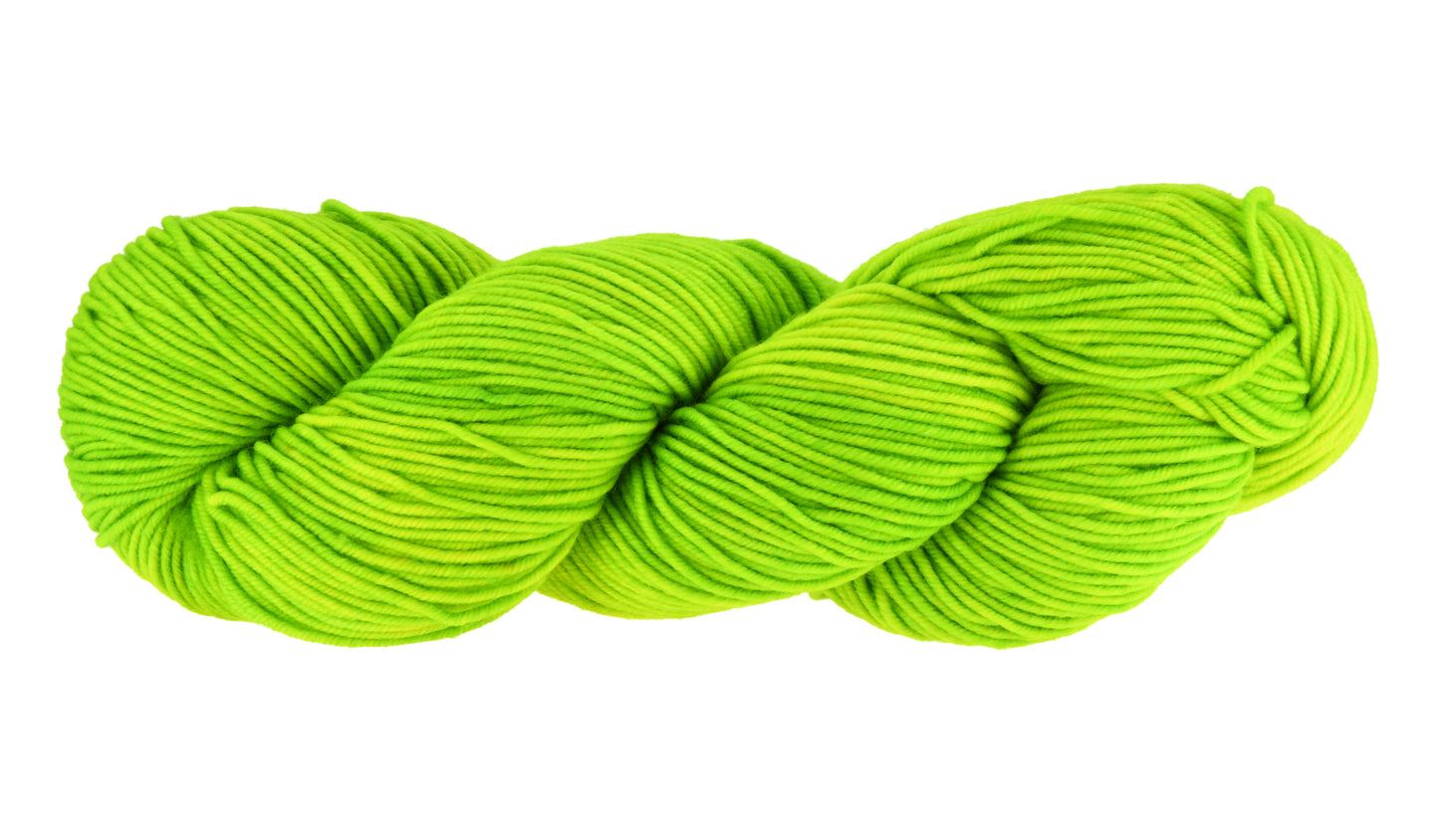 A twisted skein of Barn Yarn hand-dyed DK weight yarn in colorway Get in Lime - a bold lime green shade, perfect for playful knitting and crochet projects.
