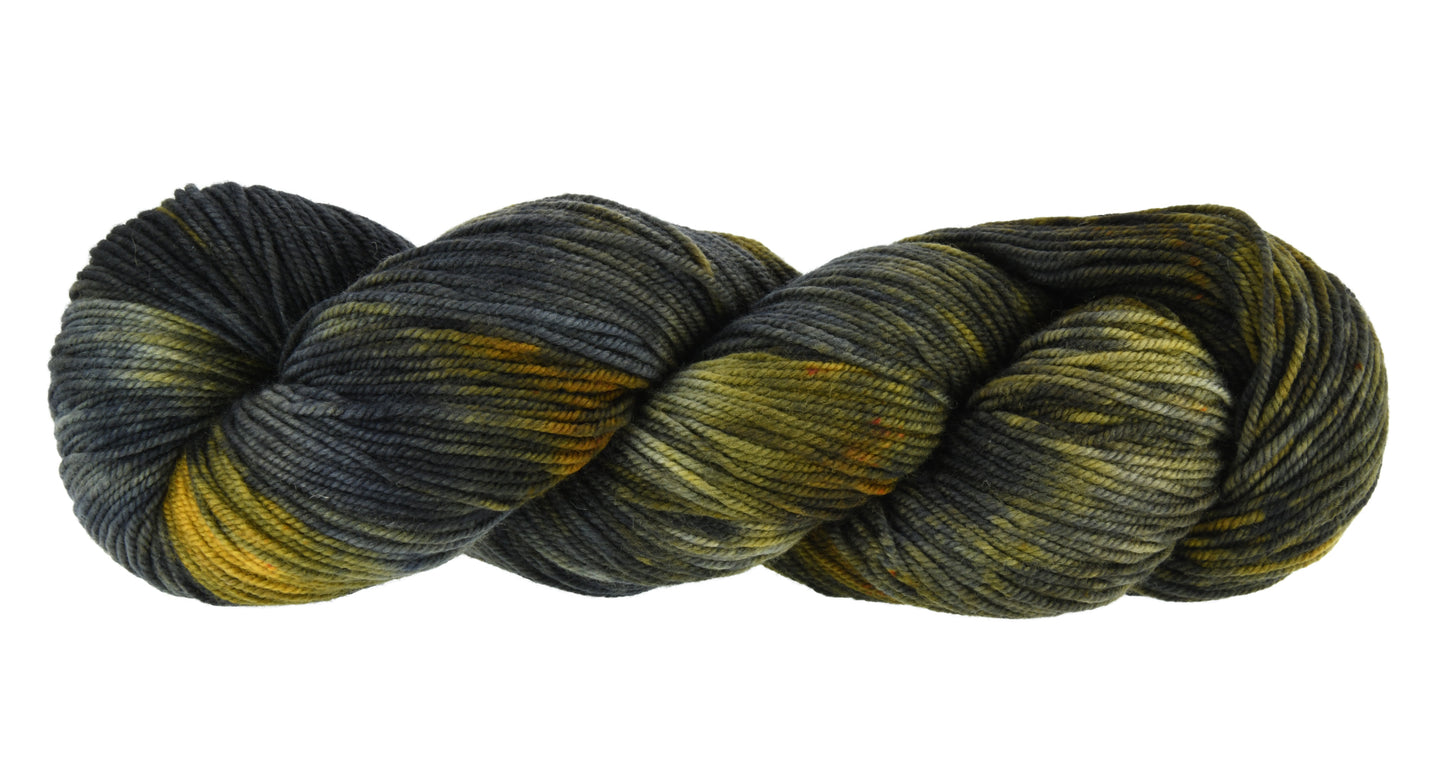 Barn Yarn Tabby Cat DK weight Shaniko wool hand-dyed yarn—twisted hank in blended black, toffee, gray and cream ones inspired by tabby cat stripes.