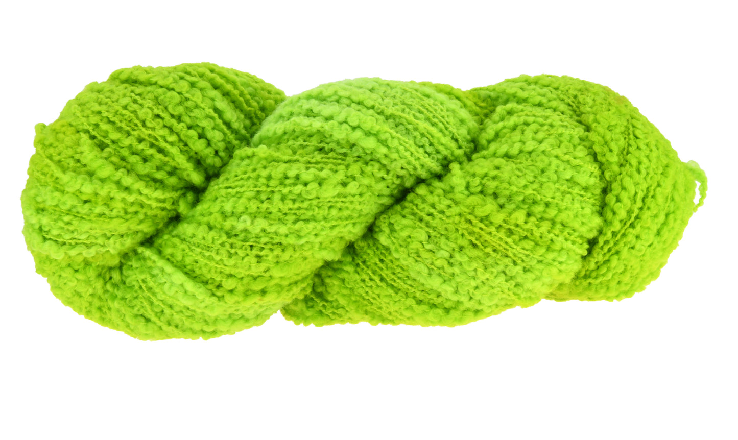 A twisted skein of Barn Yarn hand-dyed boucle DK weight yarn in colorway Get in Lime - a bold lime green shade, perfect for playful knitting and crochet projects.