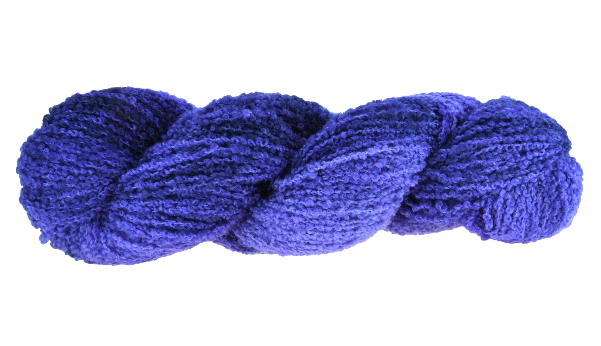 A twisted skein of Barn Yarn boucle DK weight yarn in colorway Lavender; inspired by the lavender flower, perfect for  knitting and crochet projects.