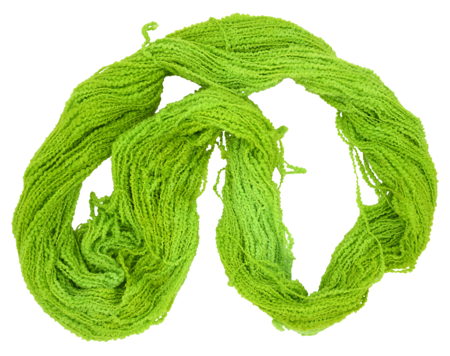 An unfolded skein of Barn Yarn hand-dyed boucle DK weight yarn in colorway Get in Lime - a bold lime green shade, perfect for playful knitting and crochet projects.