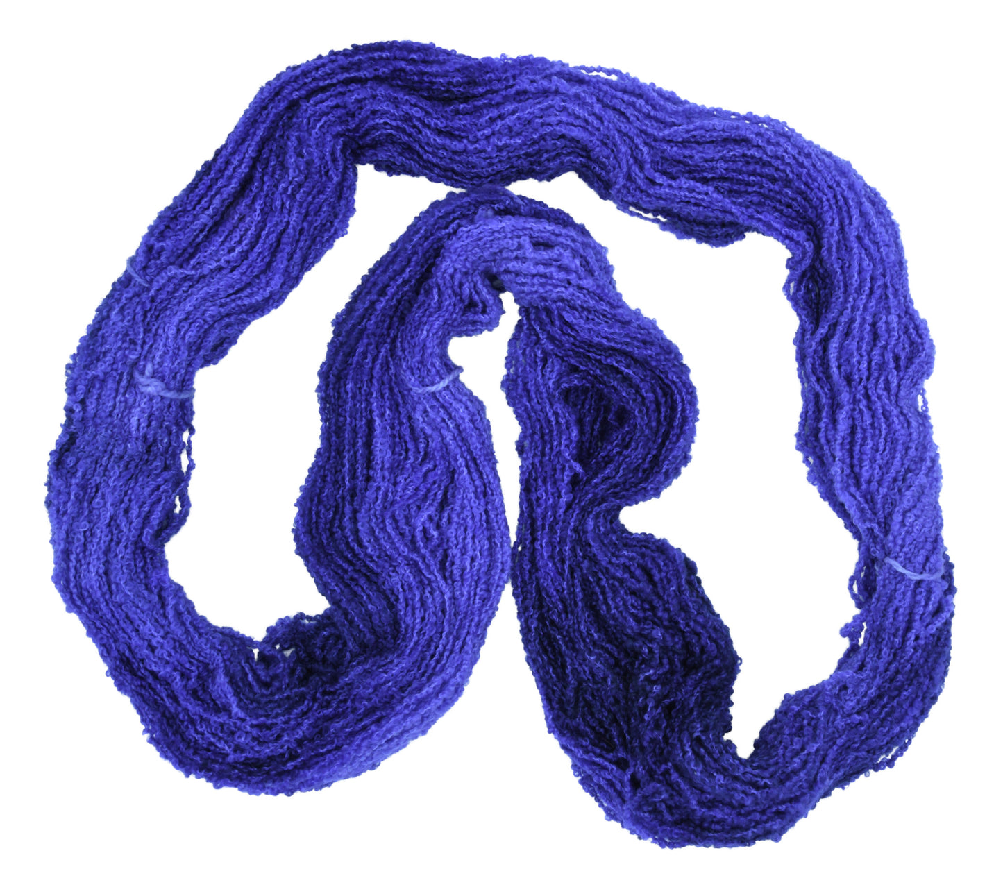 An unfolded skein of Barn Yarn boucle DK weight yarn in colorway Lavender; inspired by the lavender flower, perfect for knitting and crochet projects.