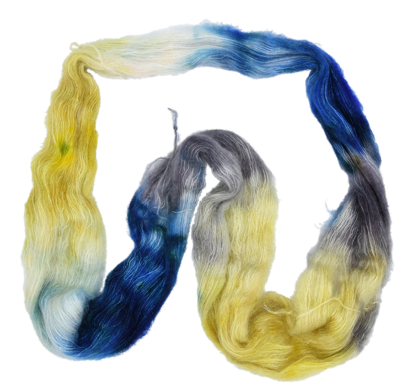 An unfolded skein of Barn Yarn hand-dyed mohair yarn in colorway Beehive featuring golden yellow, soft gray and blue tones, perfect for warm and vibrant knitting and crochet projects.