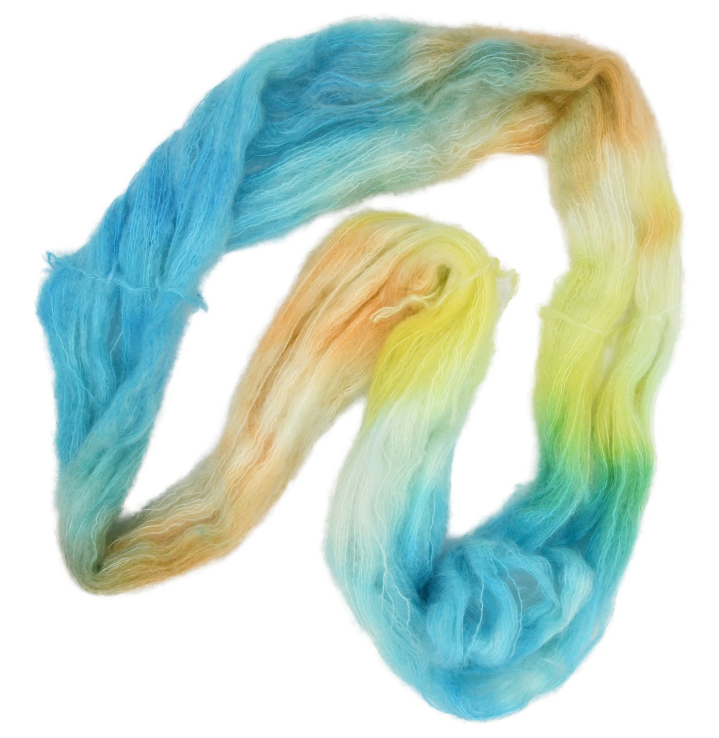 An unfolded skein of Barn Yarn hand-dyed mohair yarn in colorway Down by the Seaside with breezy blues, sandy neutrals, and sea-glass greens, perfect knitting and crochet.