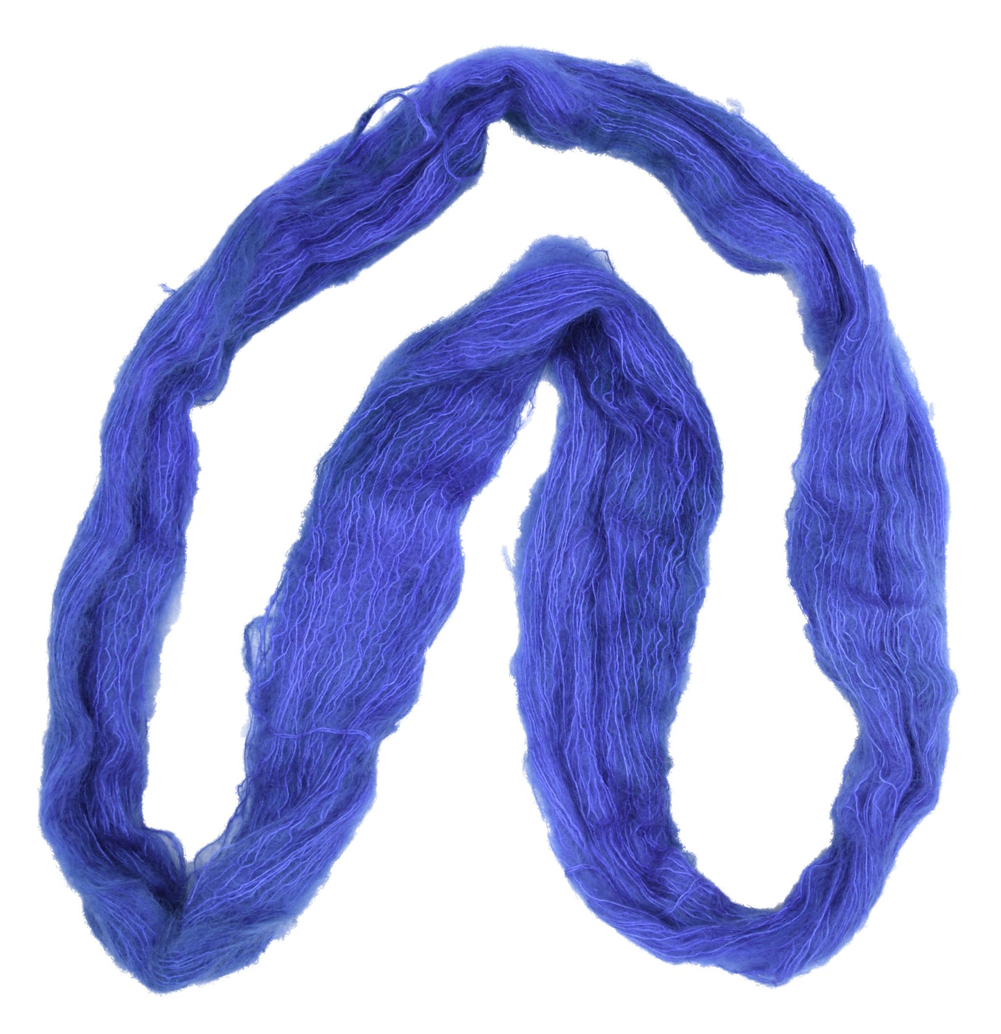 An unfolded skein of Barn Yarn mohair yarn in colorway Lavender; inspired by the lavender flower, perfect for knitting and crochet projects.