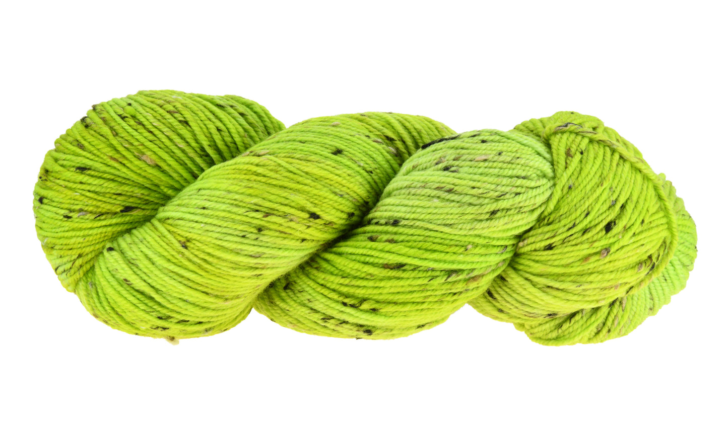 A twisted skein of Barn Yarn hand-dyed tweed DK weight yarn in colorway Get in Lime - a bold lime green shade, perfect for playful knitting and crochet projects.