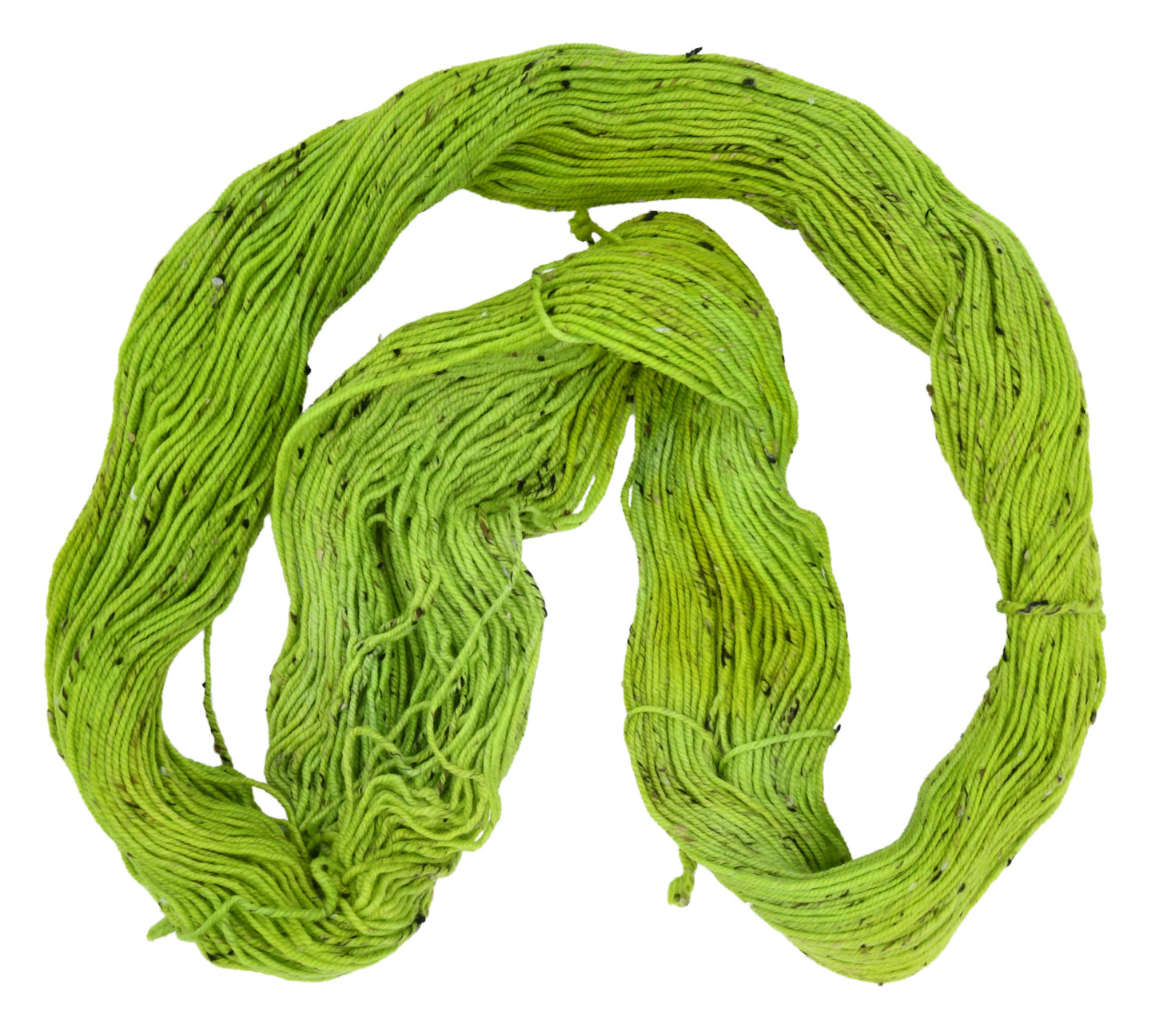 An unfolded skein of Barn Yarn hand-dyed tweed DK weight yarn in colorway Get in Lime - a bold lime green shade, perfect for playful knitting and crochet projects.