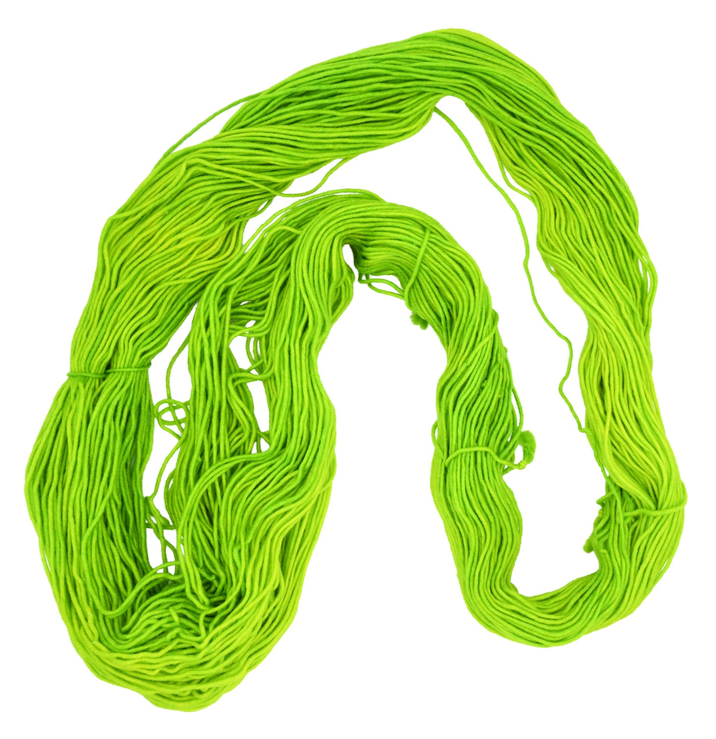An unfolded skein of Barn Yarn hand-dyed worsted weight yarn in colorway Get in Lime - a bold lime green shade, perfect for playful knitting and crochet projects.