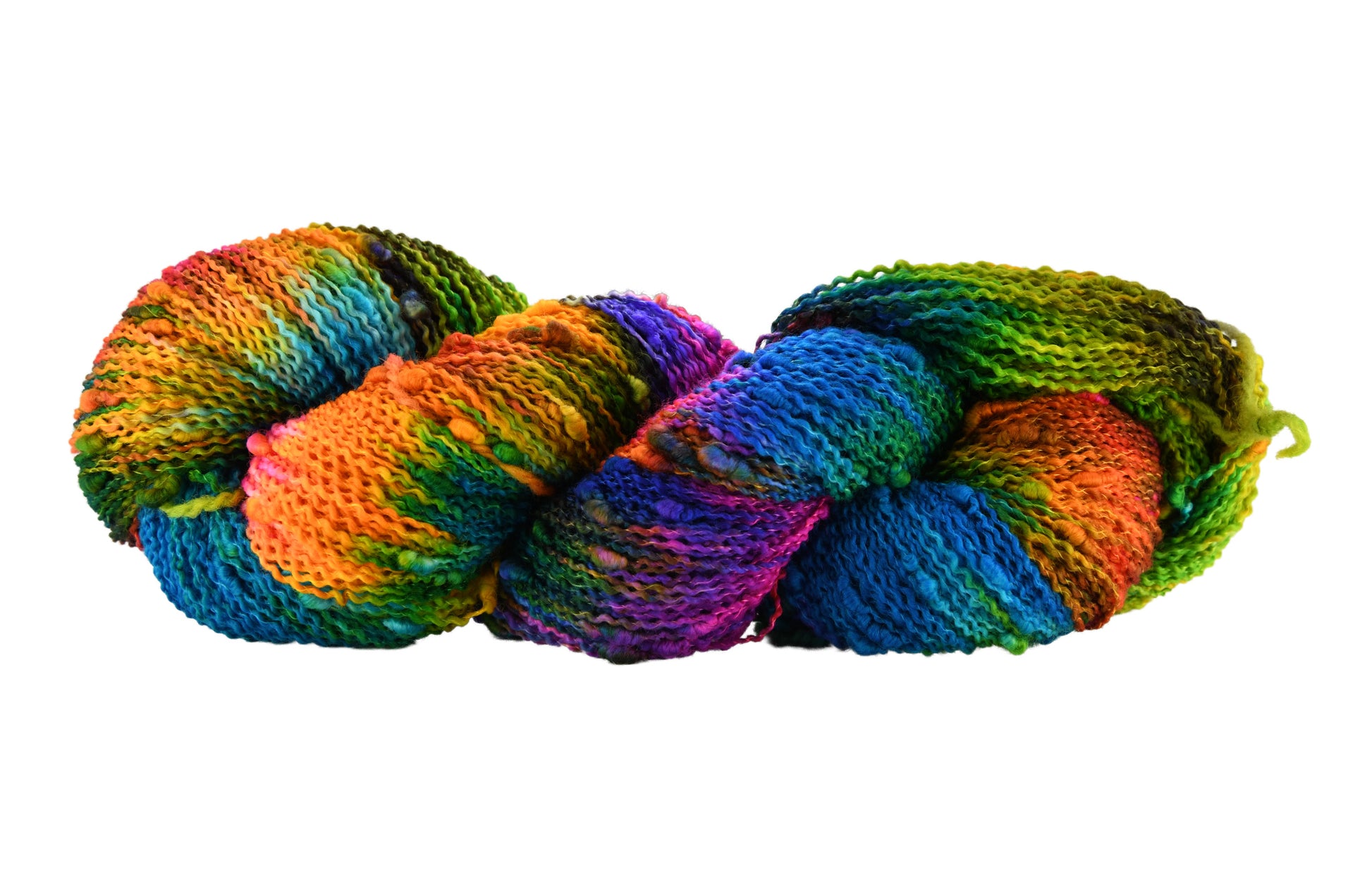 Carnivale Slub Slub Yarn — fingering weight, hand-dyed with speckles of teal, fuchsia, saffron yellow, and bright green. Shown in a twisted hank to highlight the playful slub texture and vibrant color mix.