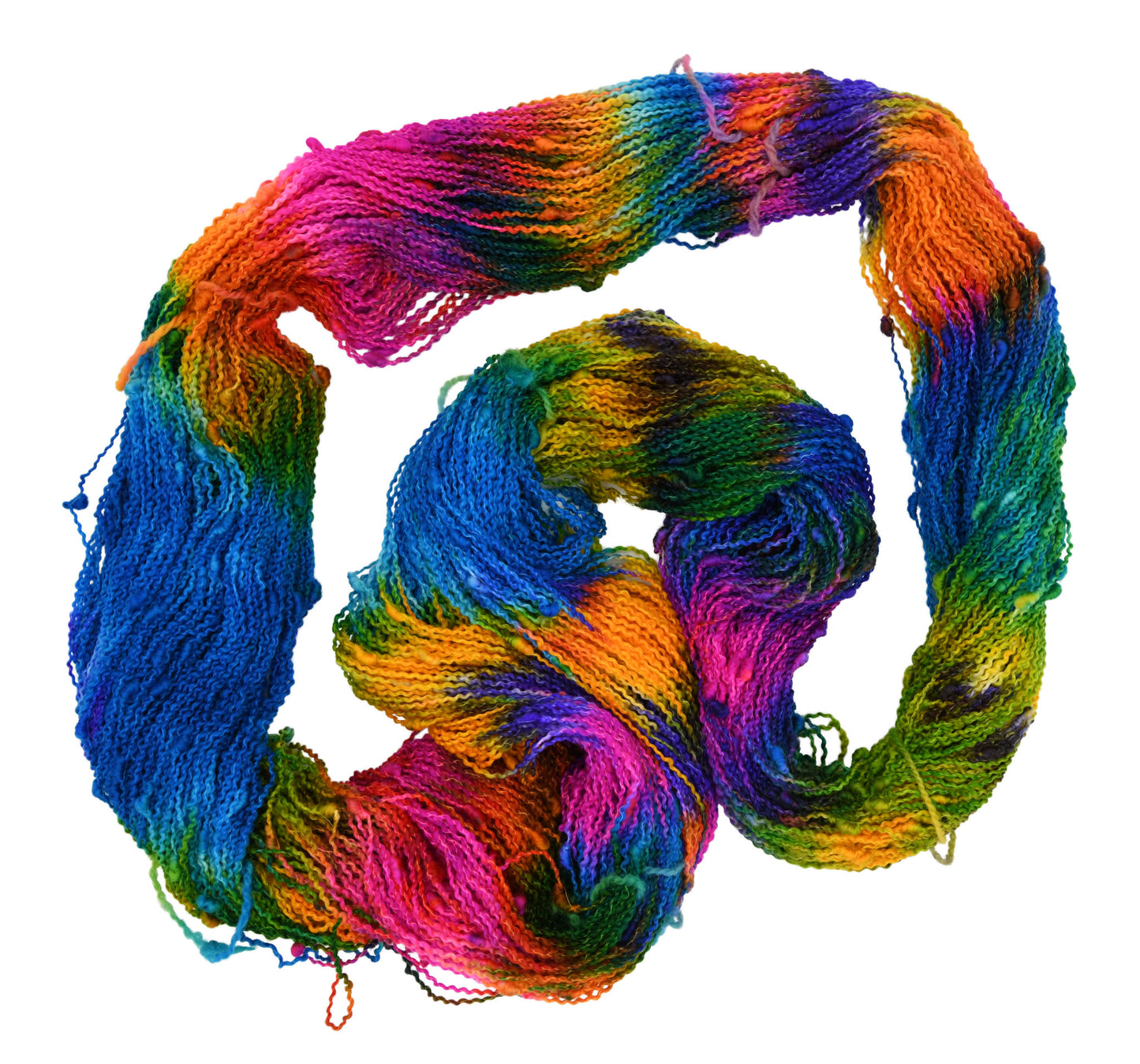 Unfolded hank of Carnivale Slub Slub yarn — 1-ply merino wool and nylon blend in a confetti mix of bold colors, with visible soft slubs and dynamic variegation.