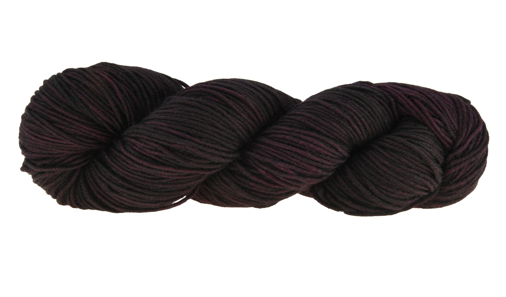 Barn Yarn twisted skein of Shiraz DK weight hand-dyed yarn in a deep, dark burgundy, ideal for knitting and crochet projects needing rich, wine-inspired color.