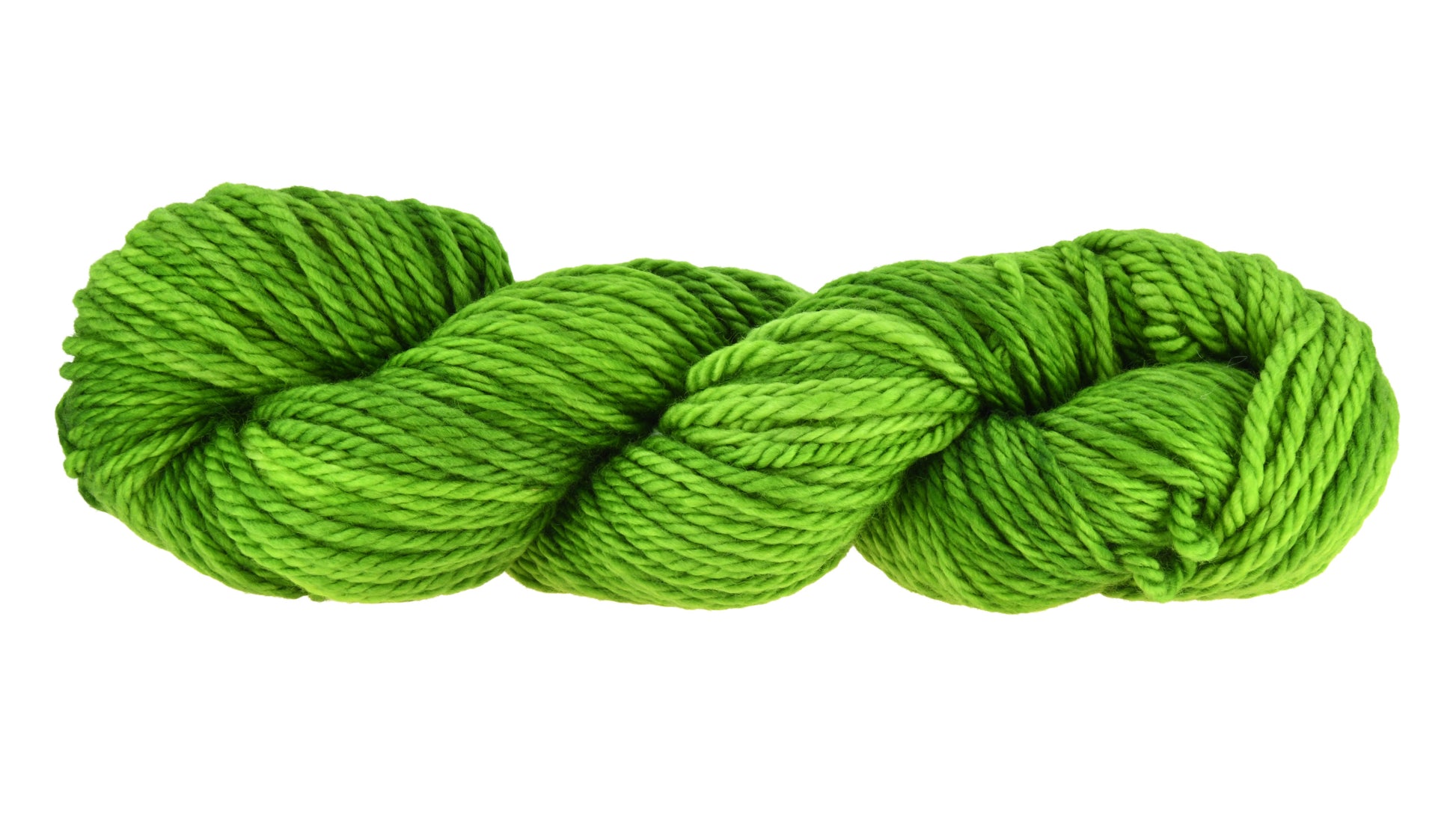 A twisted skein of Barn Yarn hand-dyed bulky weight yarn in colorway Envy - a vibrant avocado green shade, perfect for bold knitting and crochet projects.