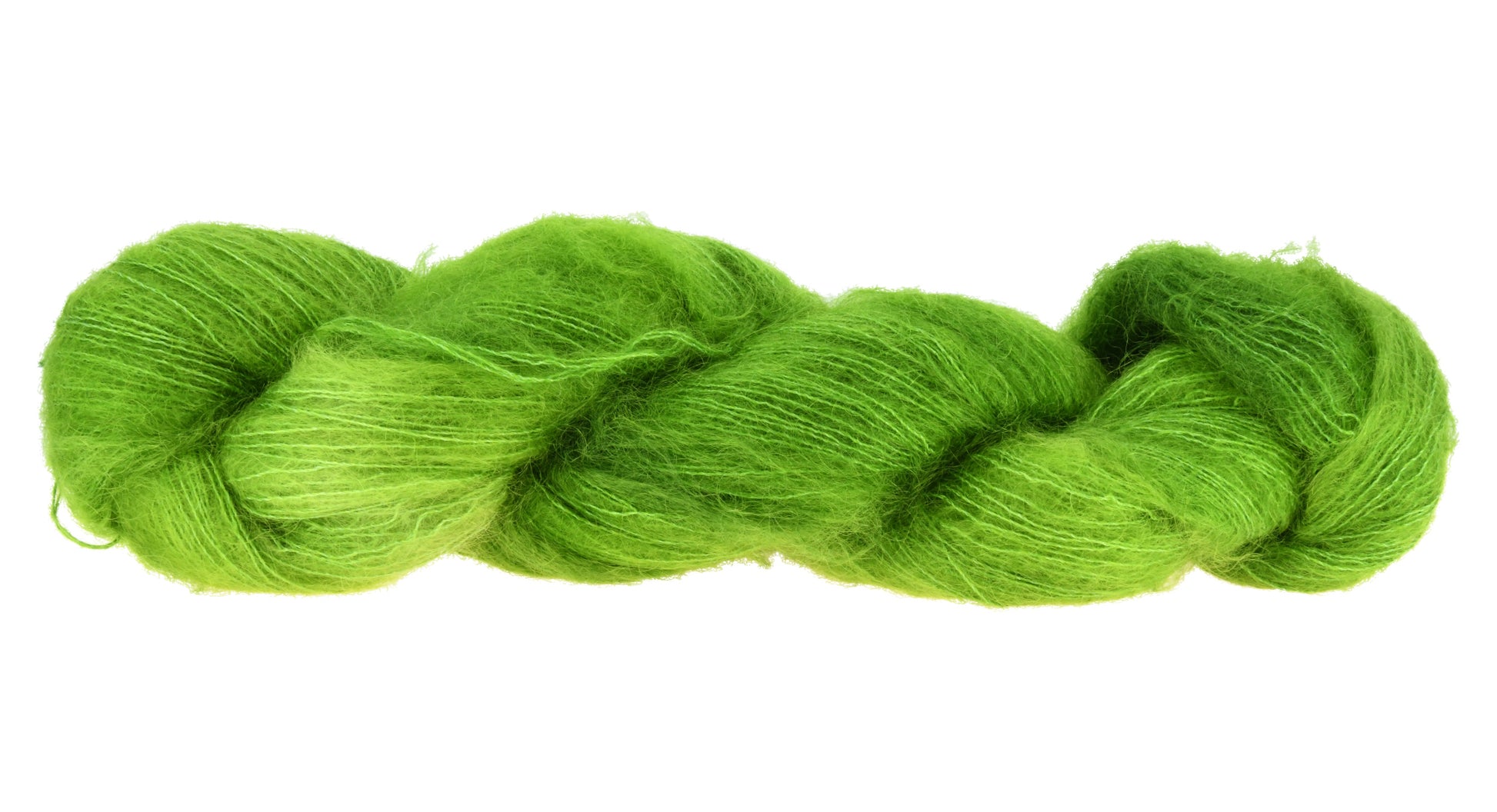 A twisted skein of Barn Yarn hand-dyed mohair yarn in colorway Envy - a vibrant avocado green shade, perfect for bold knitting and crochet projects.