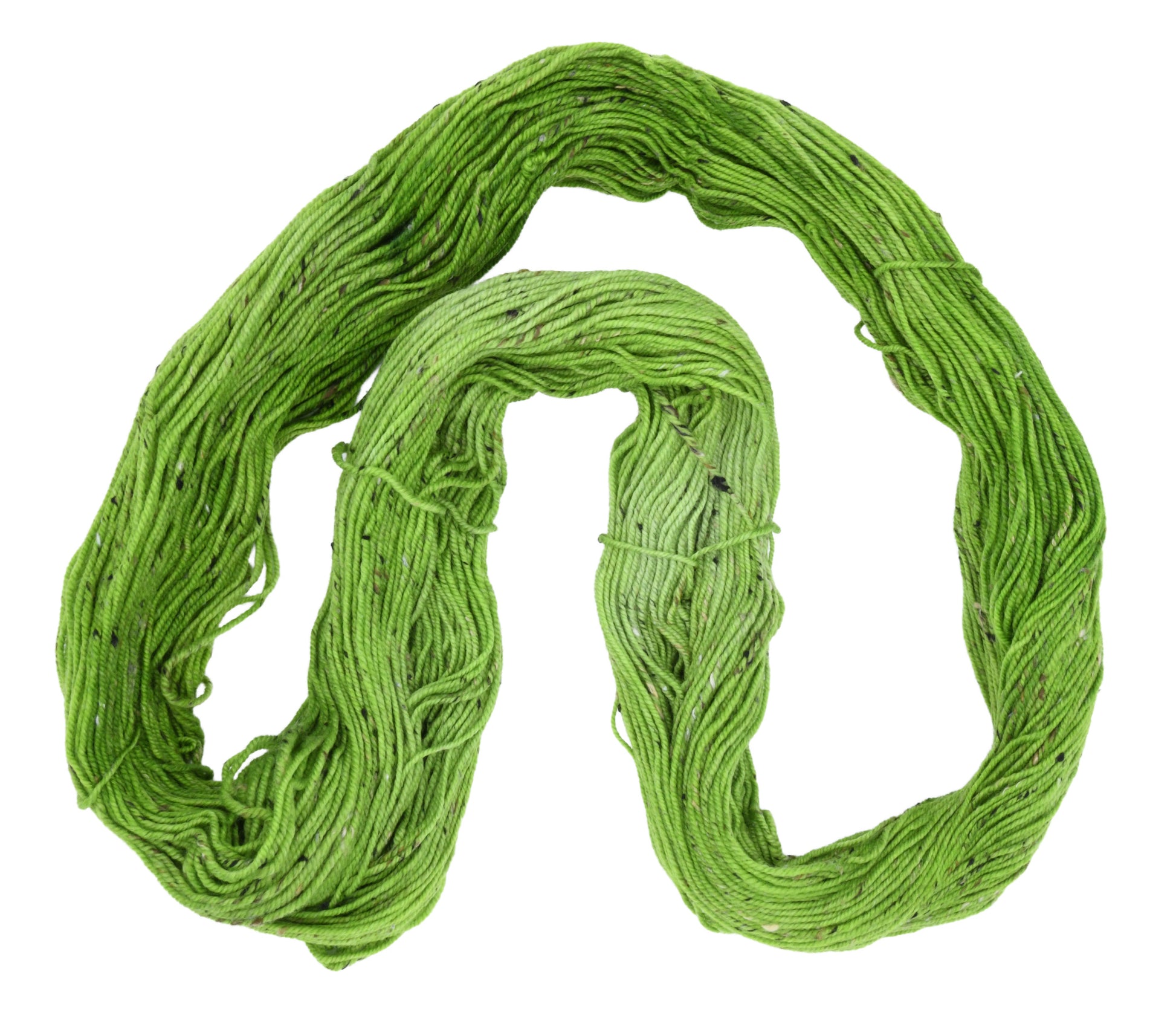 An unfolded skein of Barn Yarn hand-dyed tweed DK weight yarn in colorway Envy - a vibrant avocado green shade, perfect for bold knitting and crochet projects.