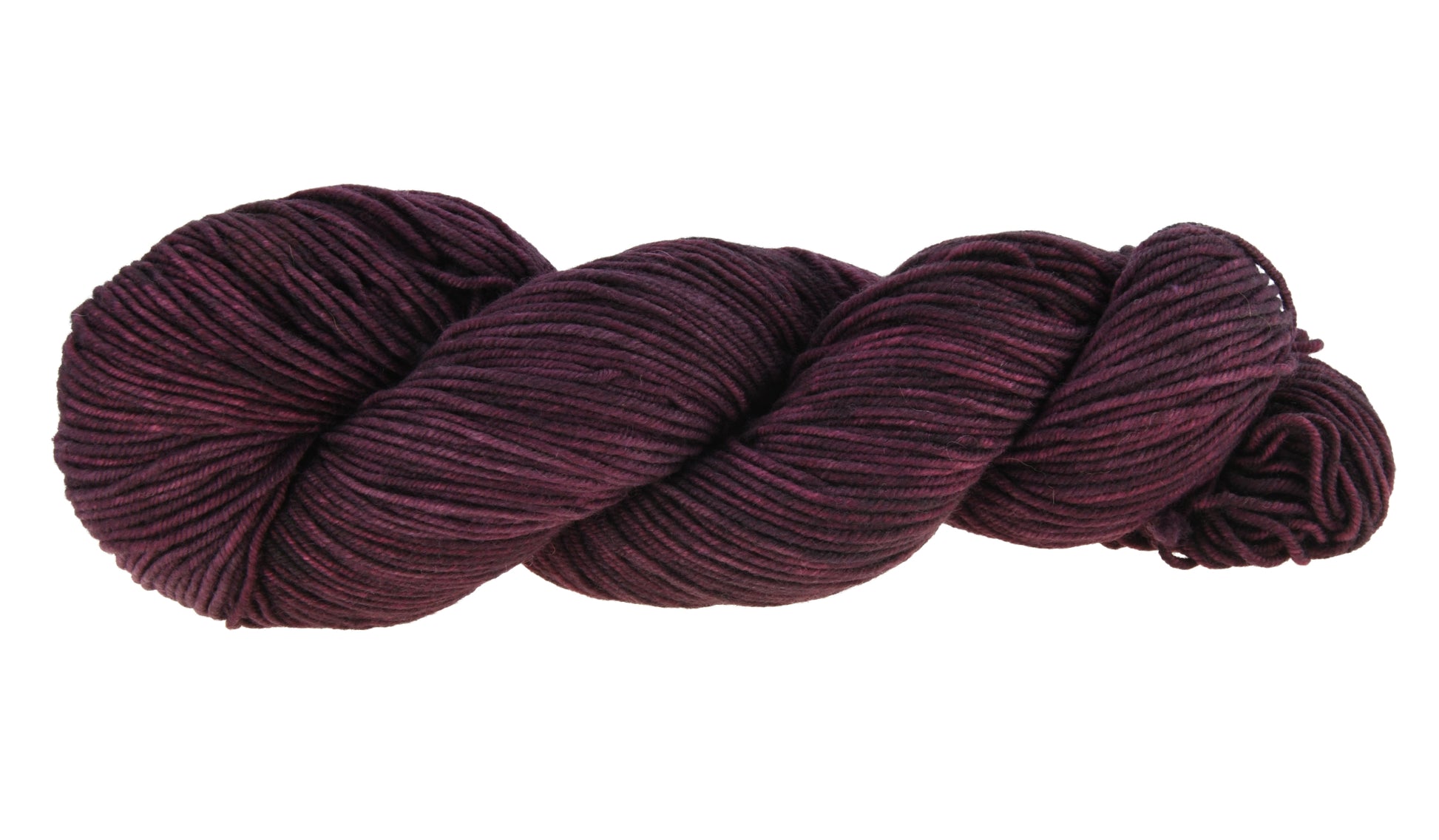 A twisted skein of Barn Yarn hand-dyed DK weight yarn in colorway Plum; a rich, deep purple shade, perfect for sophisticated knitting and crochet projects.