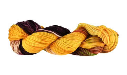 A twisted skein of Barn Yarn hand-dyed DK weight yarn in colorway Fallen Leaves featuring warm autumn tones of brown, gold, red, and green, perfect for cozy knitting and crochet projects.