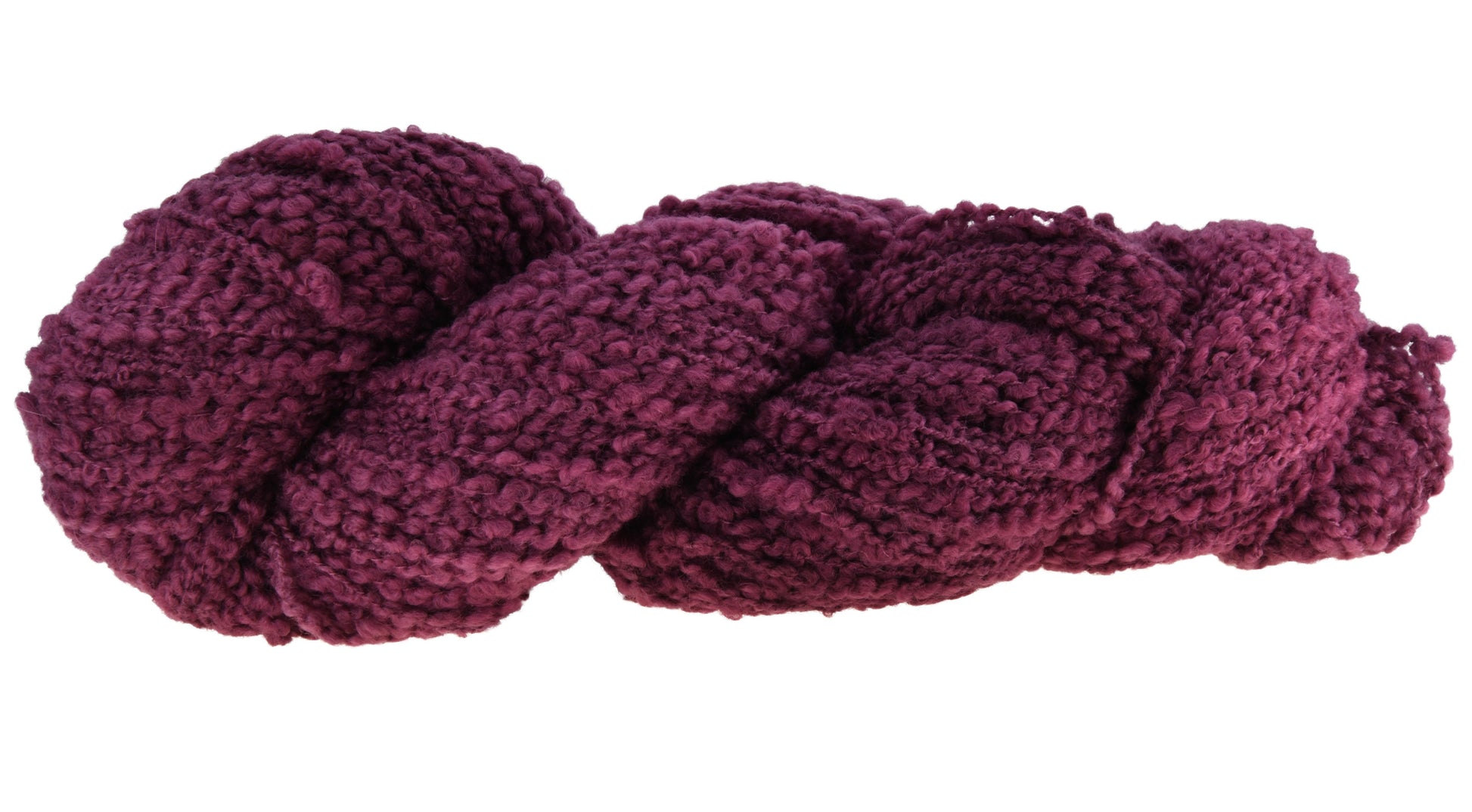 A twisted skein of Barn Yarn hand-dyed boucle DK weight yarn in colorway Plum; a rich, deep purple shade, perfect for sophisticated knitting and crochet projects.