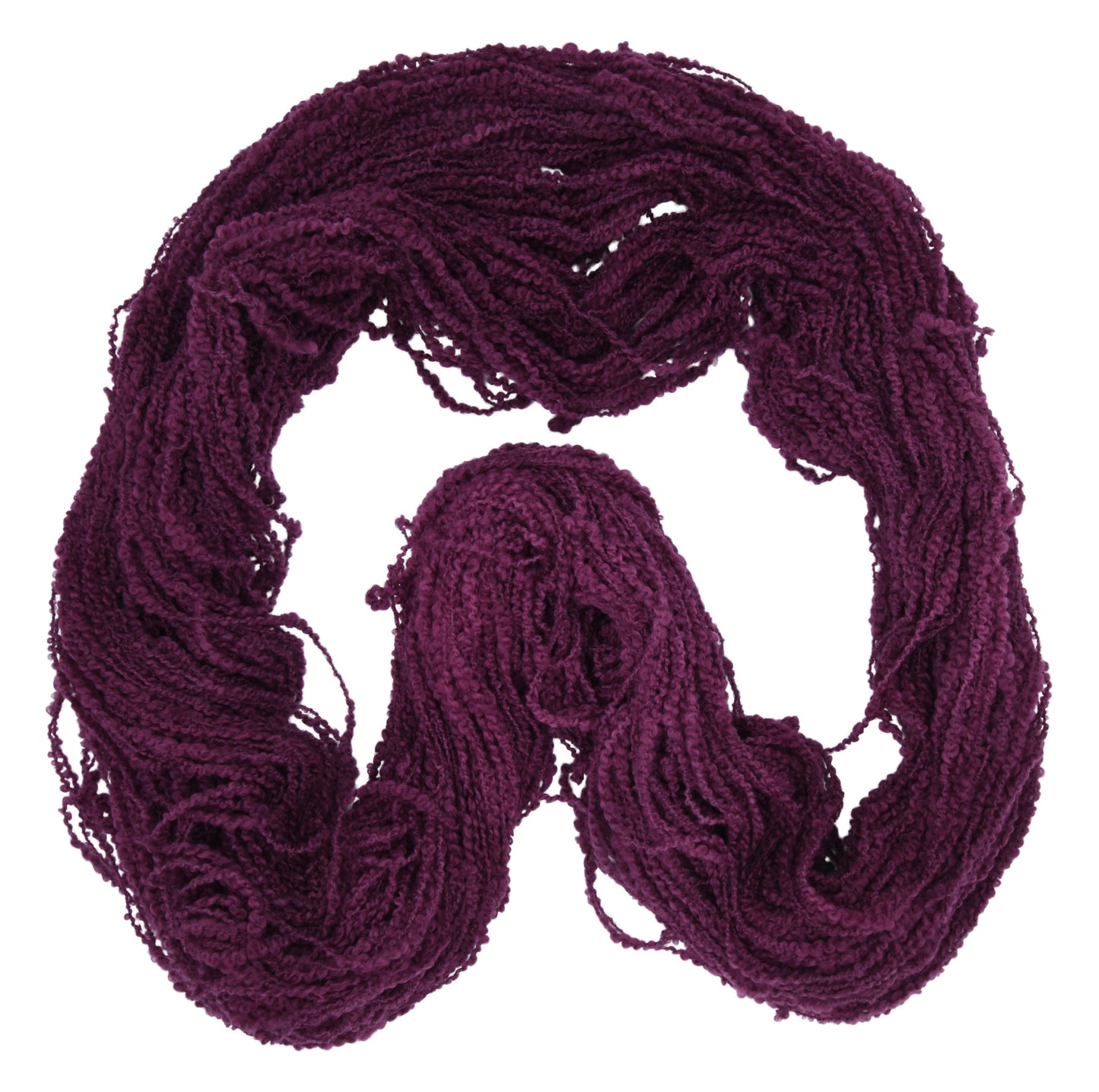 An unfolded skein of Barn Yarn hand-dyed boucle DK weight yarn in colorway Plum; a rich, deep purple shade, perfect for sophisticated knitting and crochet projects.