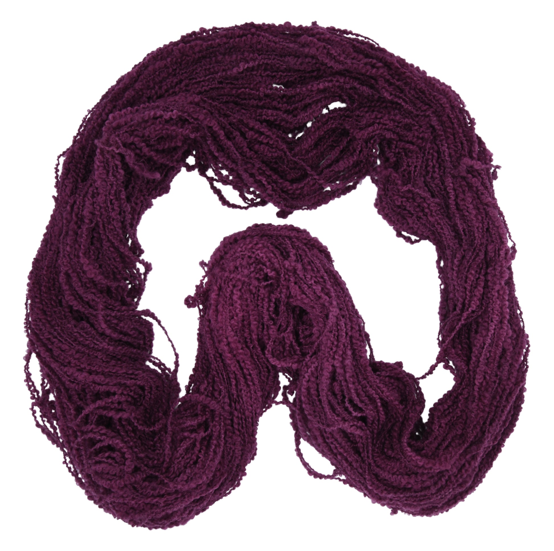 An unfolded skein of Barn Yarn hand-dyed boucle DK weight yarn in colorway Plum; a rich, deep purple shade, perfect for sophisticated knitting and crochet projects.