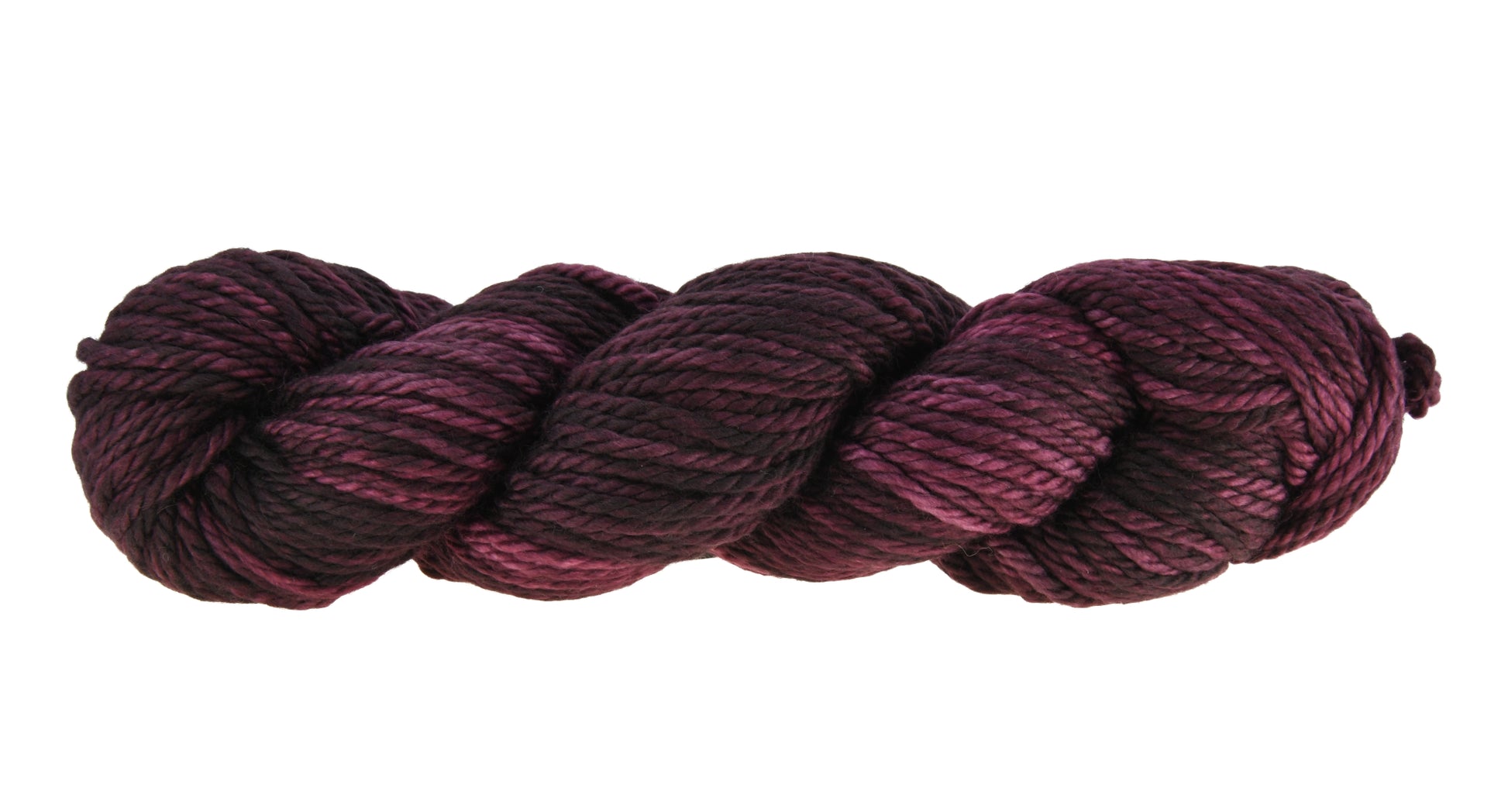 A twisted skein of Barn Yarn hand-dyed bulky weight yarn in colorway Plum; a rich, deep purple shade, perfect for sophisticated knitting and crochet projects.