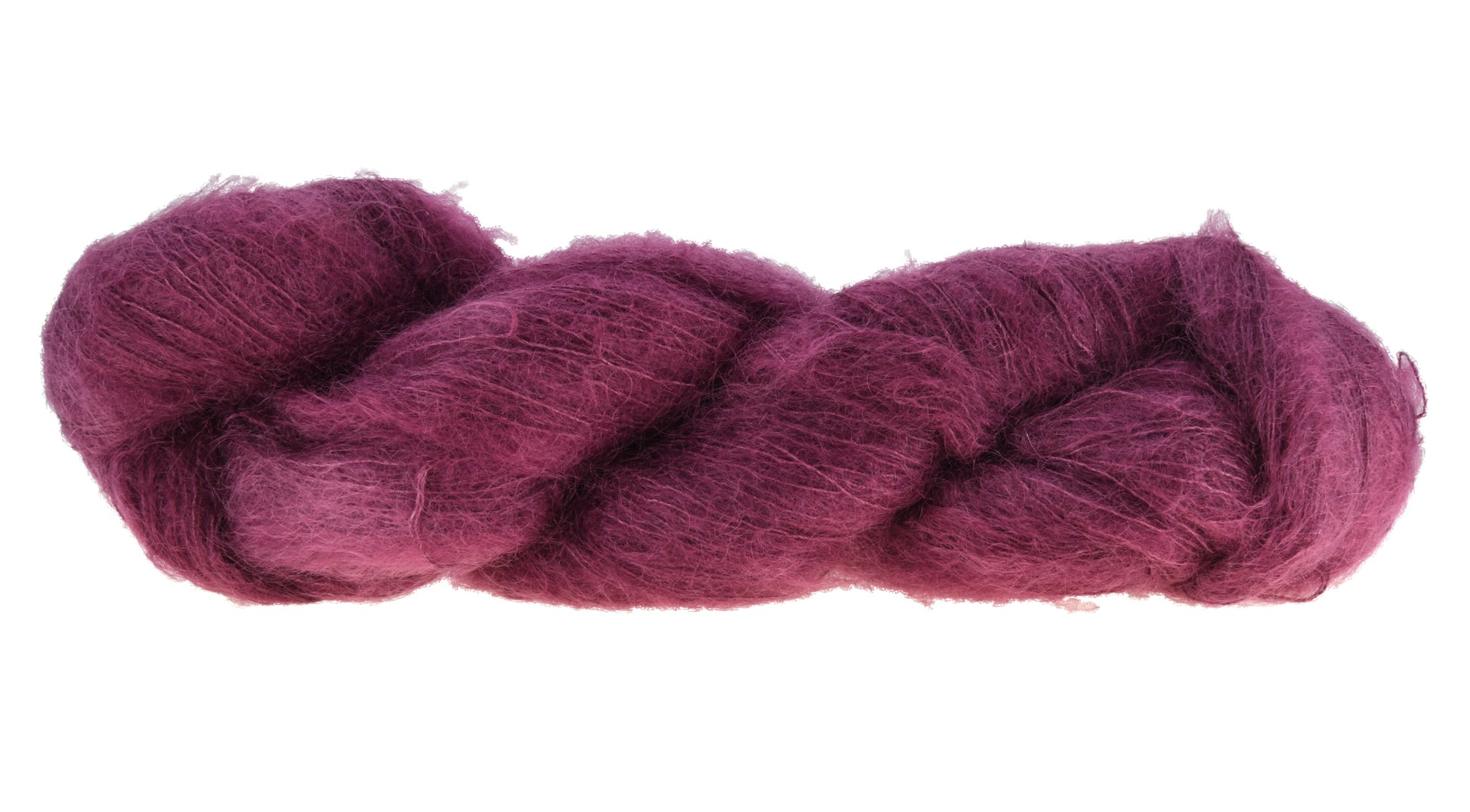 A twisted skein of Barn Yarn hand-dyed mohair yarn in colorway Plum; a rich, deep purple shade, perfect for sophisticated knitting and crochet projects.