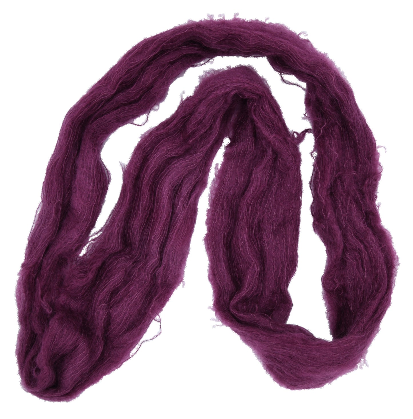 An unfolded skein of Barn Yarn hand-dyed mohair yarn in colorway Plum; a rich, deep purple shade, perfect for sophisticated knitting and crochet projects.