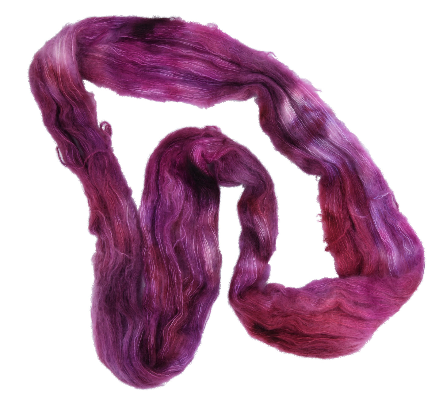 An unfolded skein of Barn Yarn hand-dyed mohair yarn in colorway Feelin’ Berry Glam! featuring vibrant berry tones with purple, pink, and jewel-like shades, perfect for stylish knitting and crochet projects.
