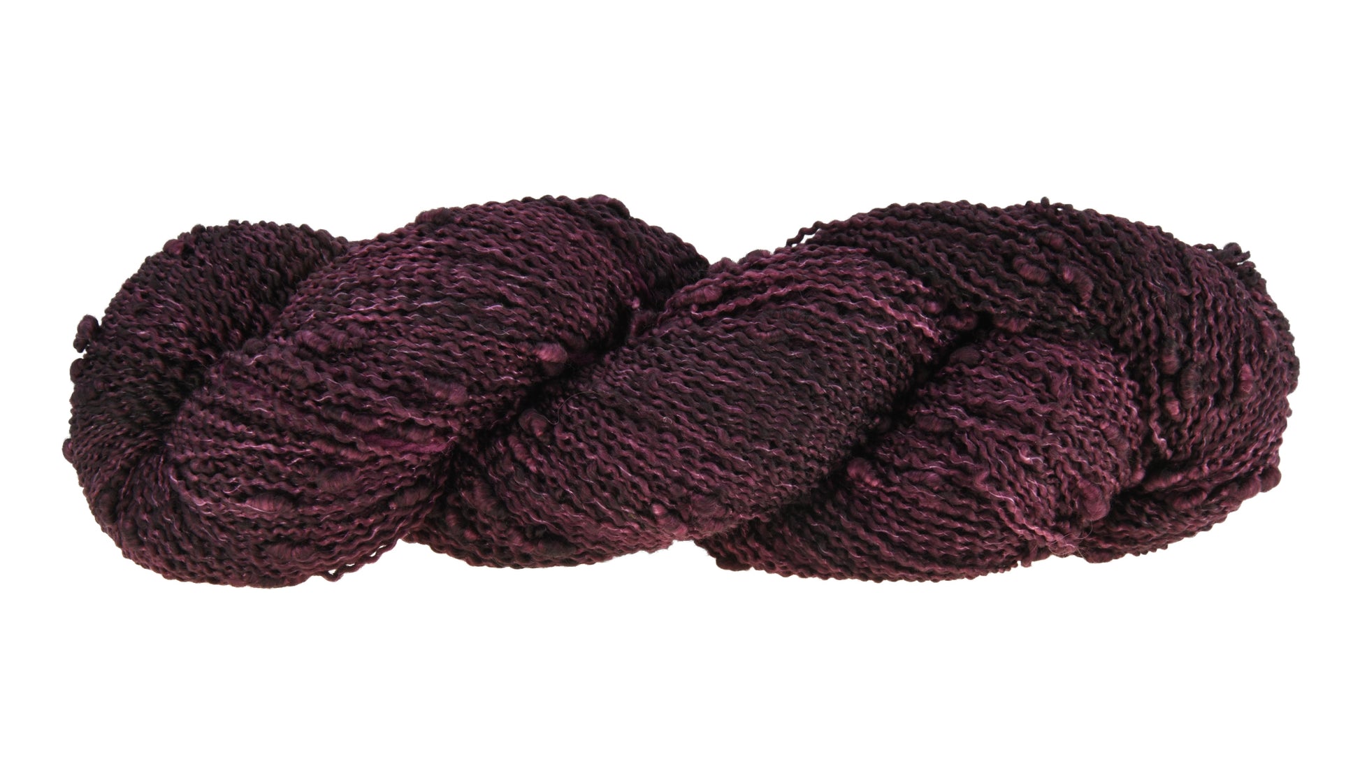 A twisted skein of Barn Yarn hand-dyed slub yarn in colorway Plum; a rich, deep purple shade, perfect for sophisticated knitting and crochet projects.
