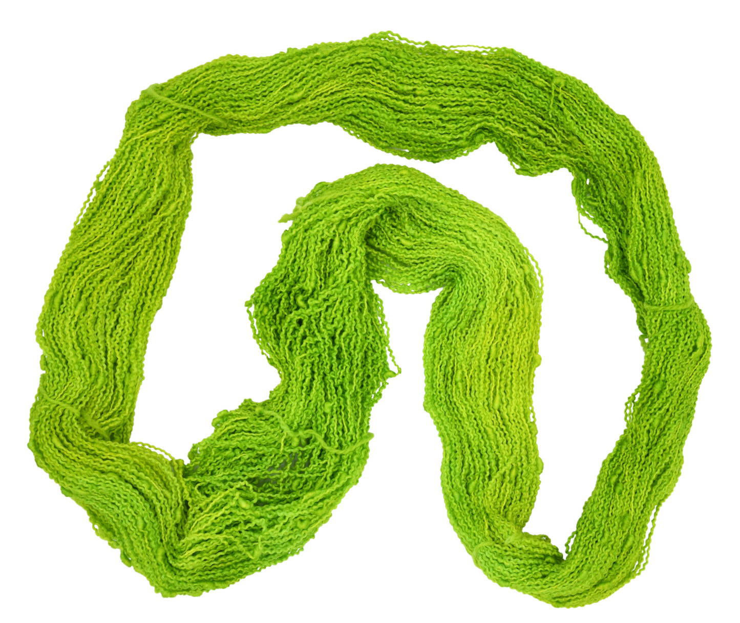 An unfolded skein of Barn Yarn hand-dyed slub yarn in colorway Get in Lime - a bold lime green shade, perfect for playful knitting and crochet projects.