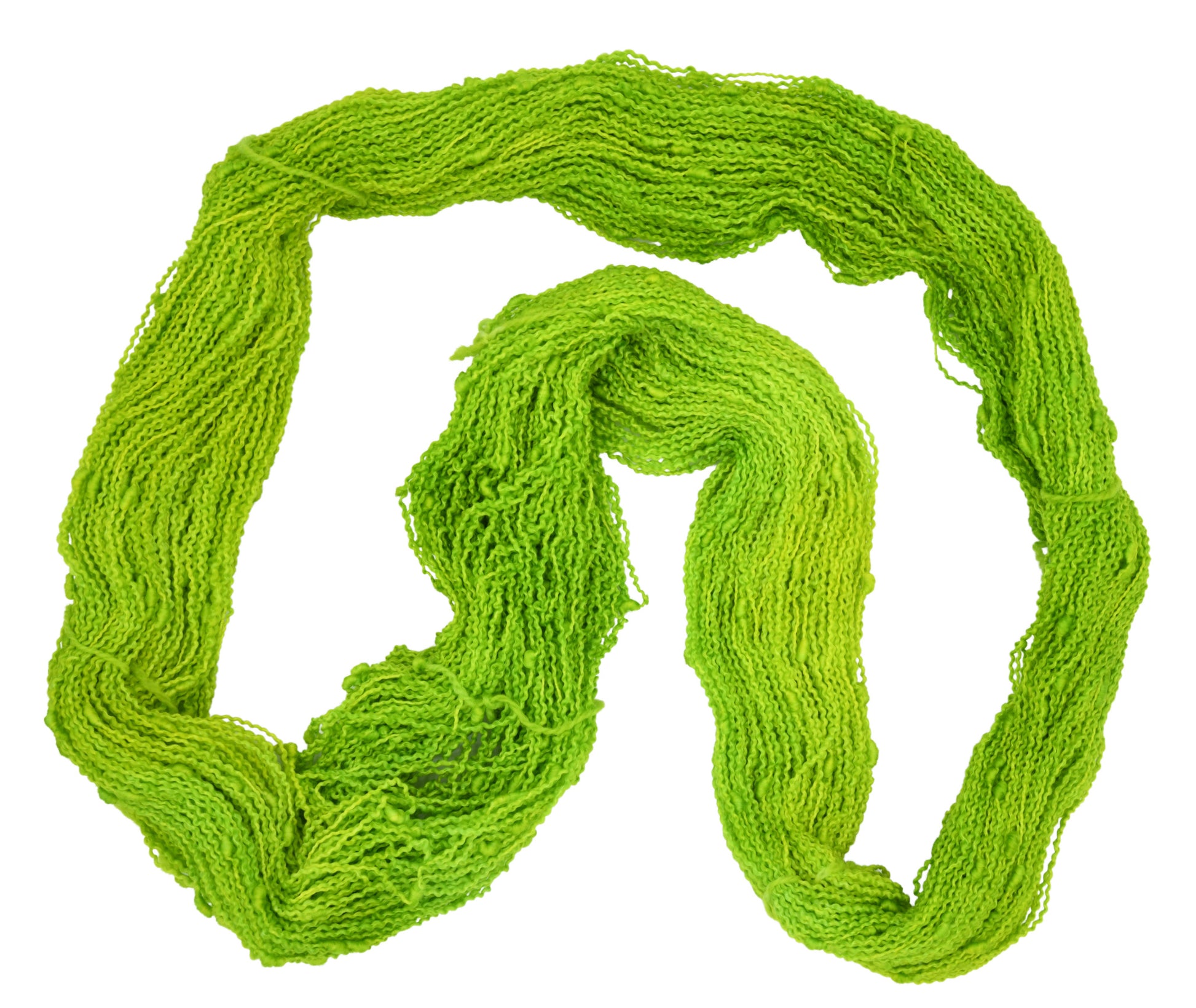 An unfolded skein of Barn Yarn hand-dyed slub yarn in colorway Get in Lime - a bold lime green shade, perfect for playful knitting and crochet projects.