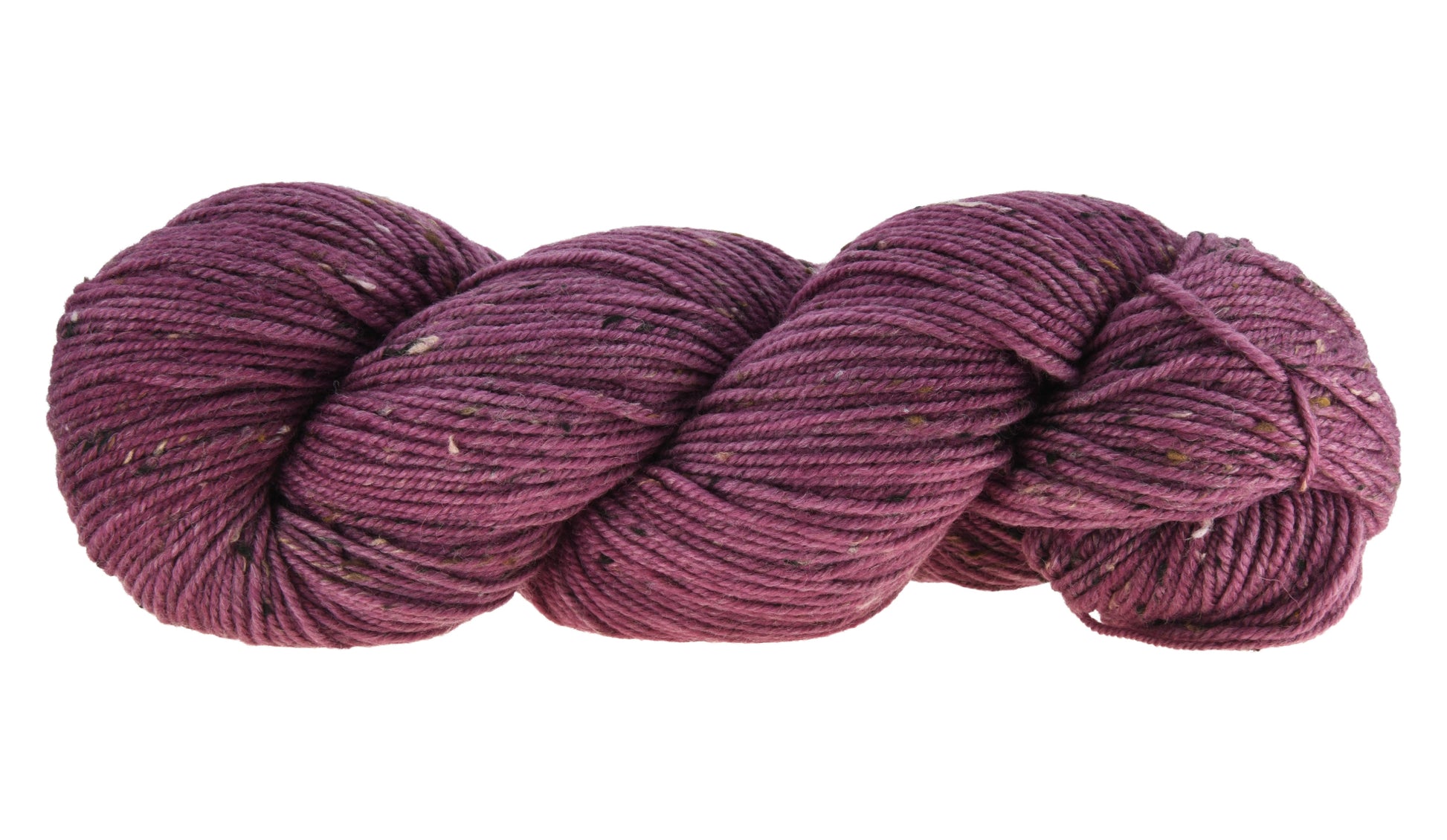 A twisted skein of Barn Yarn hand-dyed tweed DK weight yarn in colorway Plum; a rich, deep purple shade, perfect for sophisticated knitting and crochet projects.