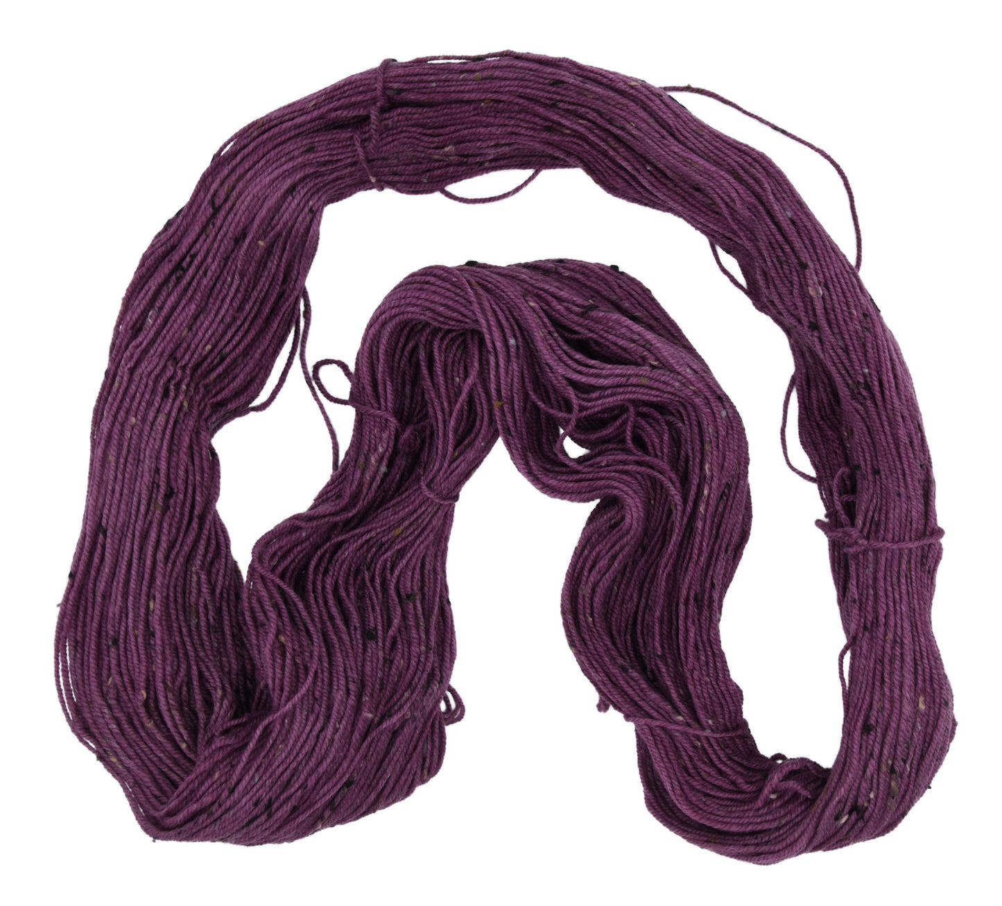 An unfolded skein of Barn Yarn hand-dyed tweed DK weight yarn in colorway Plum; a rich, deep purple shade, perfect for sophisticated knitting and crochet projects.