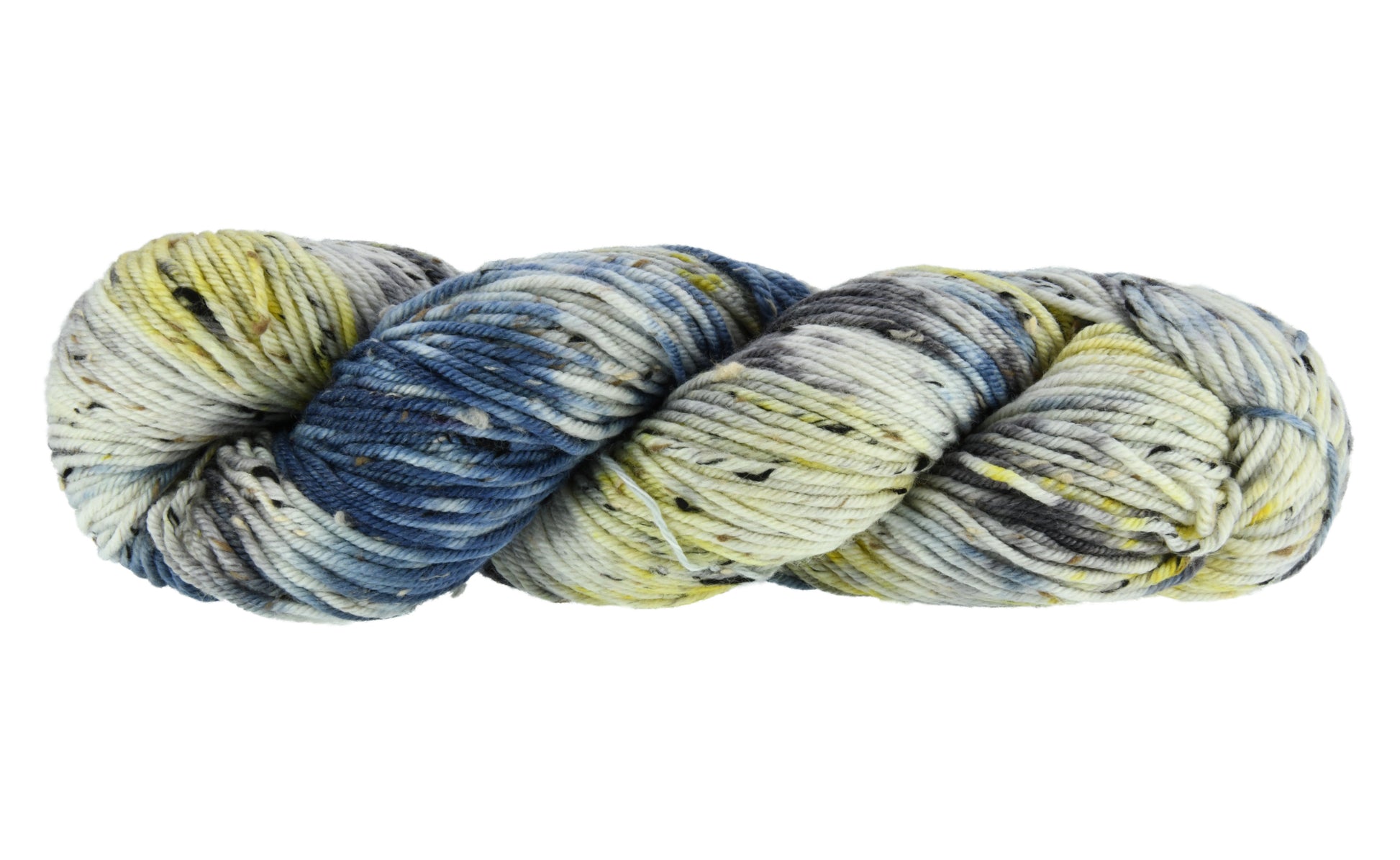 A twisted skein of Barn Yarn hand-dyed tweed DK weight yarn in colorway Beehive featuring golden yellow, soft gray and blue tones, perfect for warm and vibrant knitting and crochet projects.