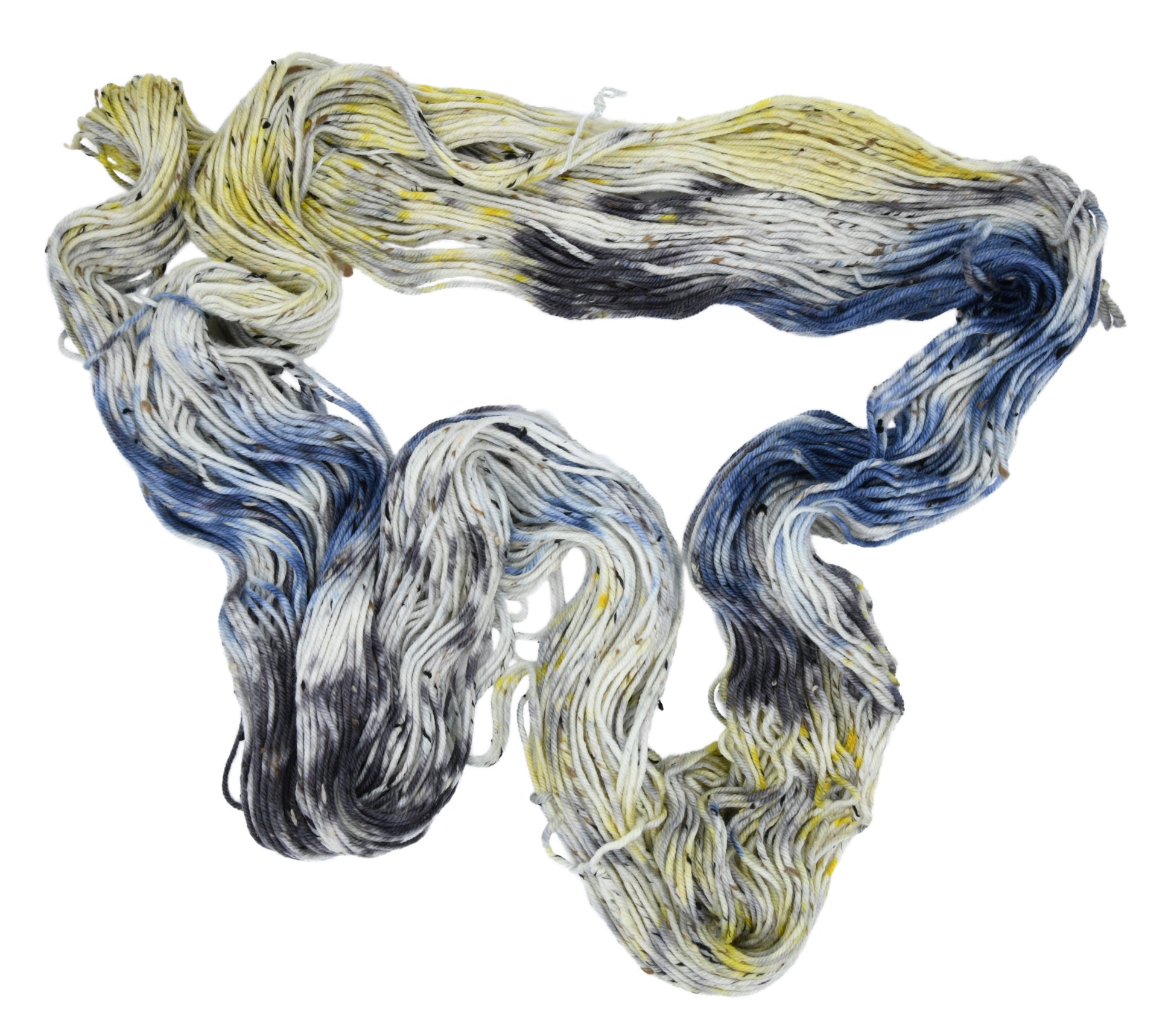 An unfolded skein of Barn Yarn hand-dyed tweed DK weight yarn in colorway Beehive featuring golden yellow, soft gray and blue tones, perfect for warm and vibrant knitting and crochet projects.