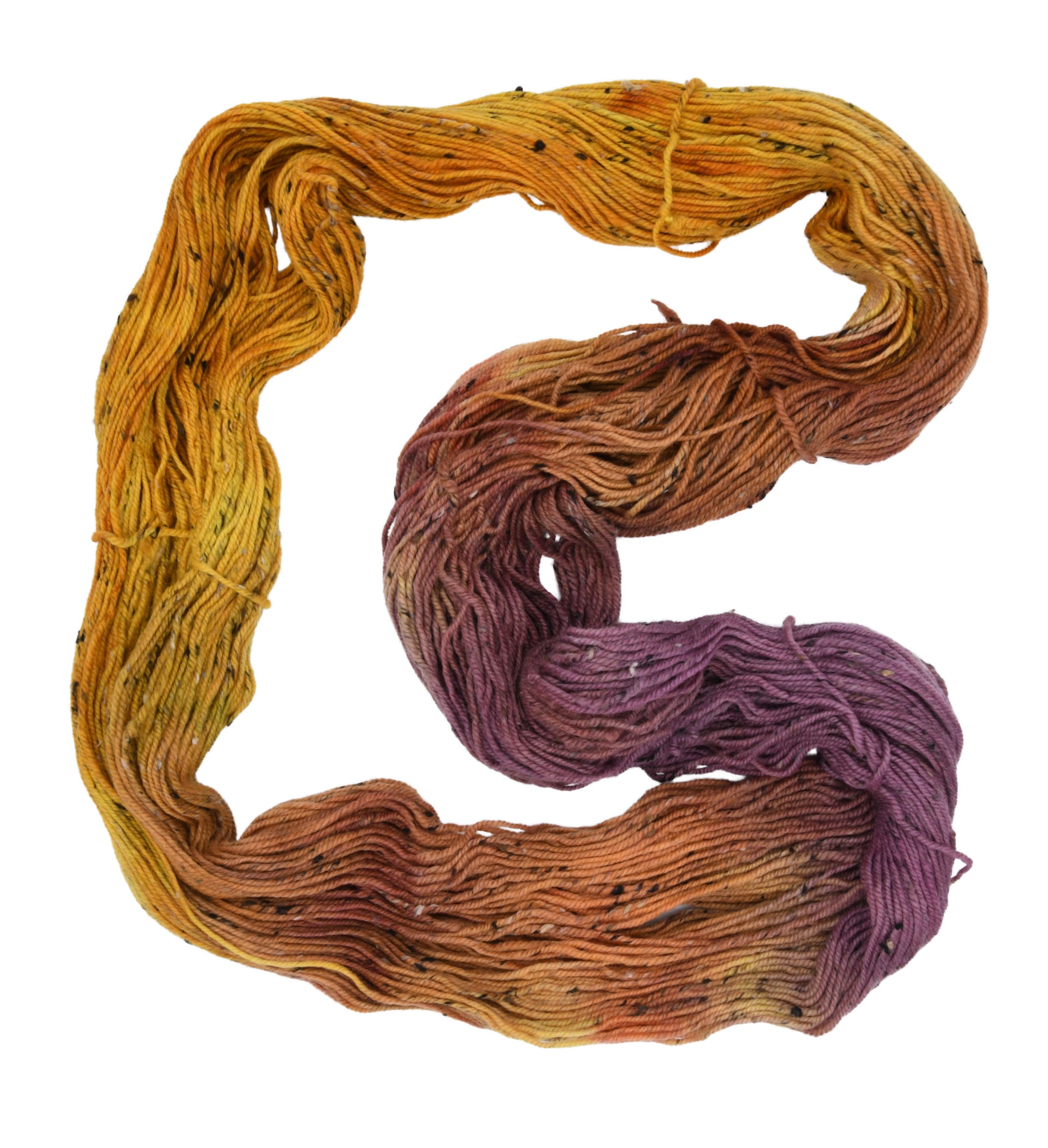 An unfolded skein of Barn Yarn hand-dyed tweed DK weight yarn in colorway Fallen Leaves featuring warm autumn tones of brown, gold, red, and green, perfect for cozy knitting and crochet projects.