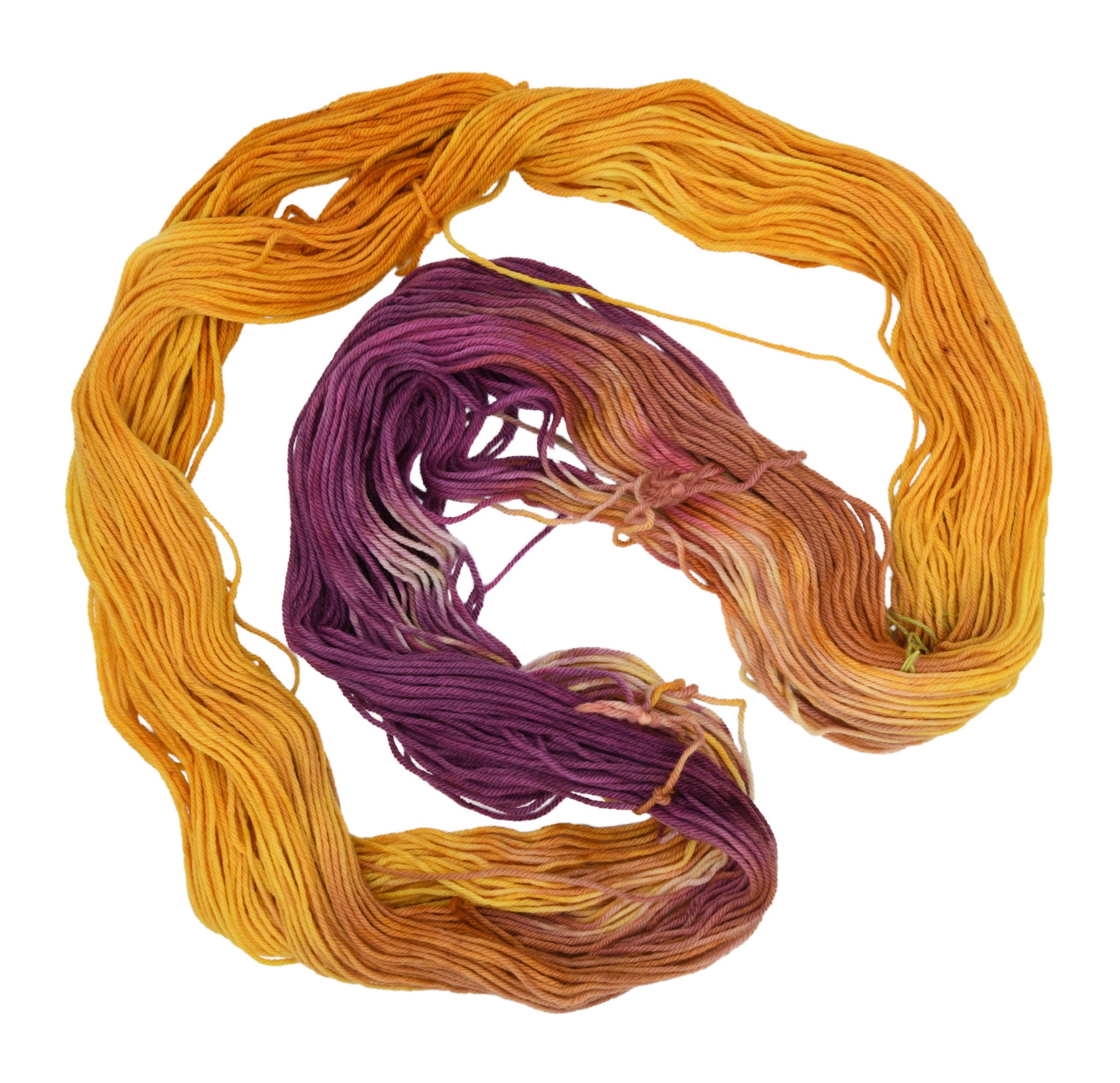 An unfolded skein of Barn Yarn hand-dyed worsted weight yarn in colorway Fallen Leaves featuring warm autumn tones of brown, gold, red, and green, perfect for cozy knitting and crochet projects.
