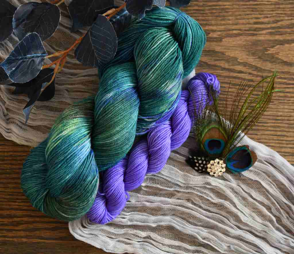 Barn Yarn Play the Peacock and Purple People Eater Mini Skein  Fingering Merino Wool Yarn